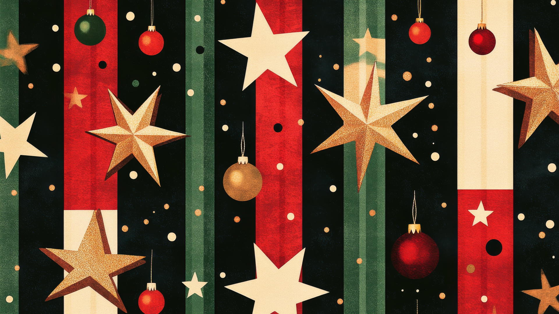cute preppy Christmas wallpaper with stars, stripes, ornaments, and bells