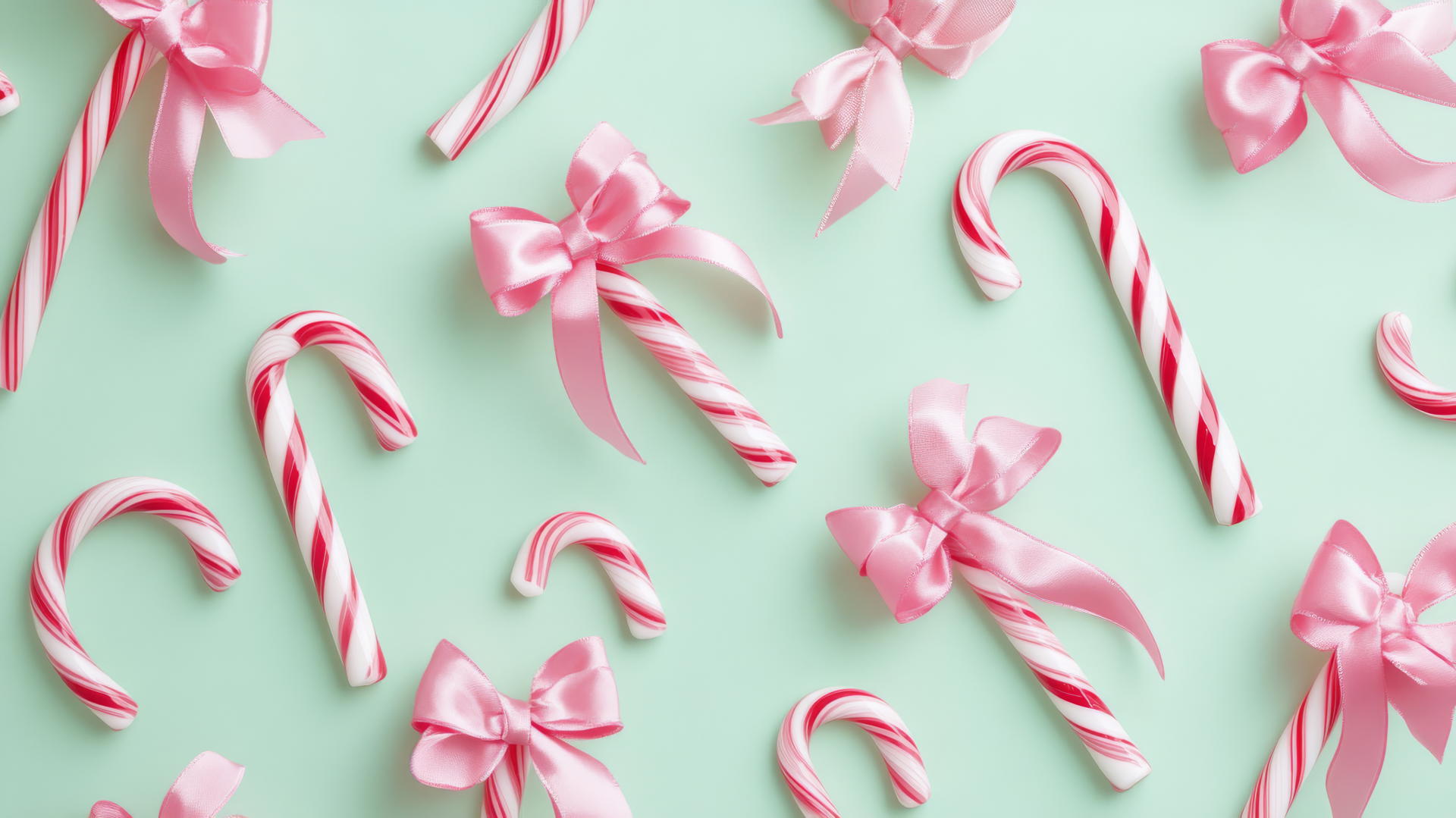 cute preppy Christmas wallpaper with candy canes, pink ribbons on mint green background