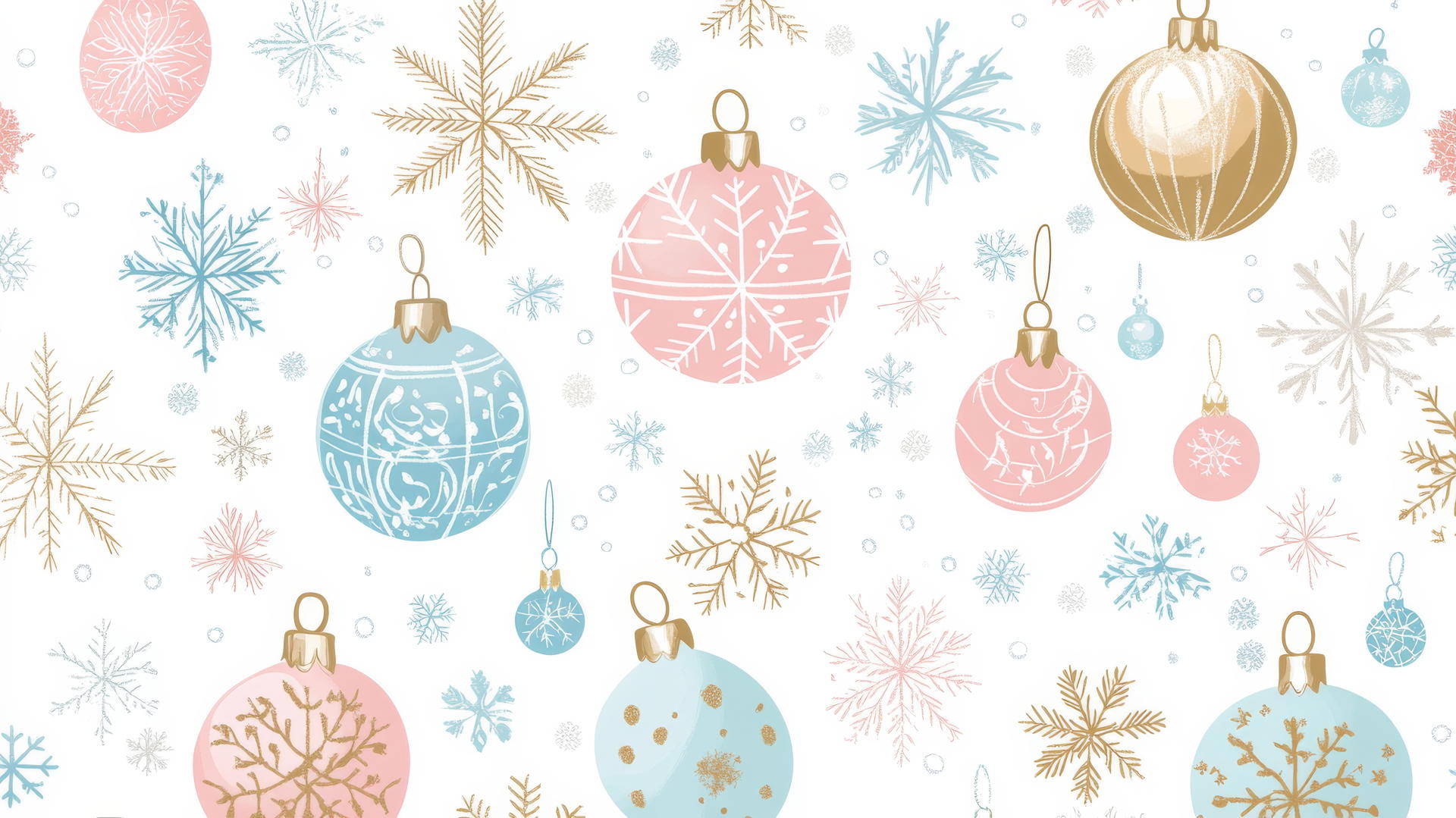 Cute preppy Christmas wallpaper with pastel ornaments and snowflakes