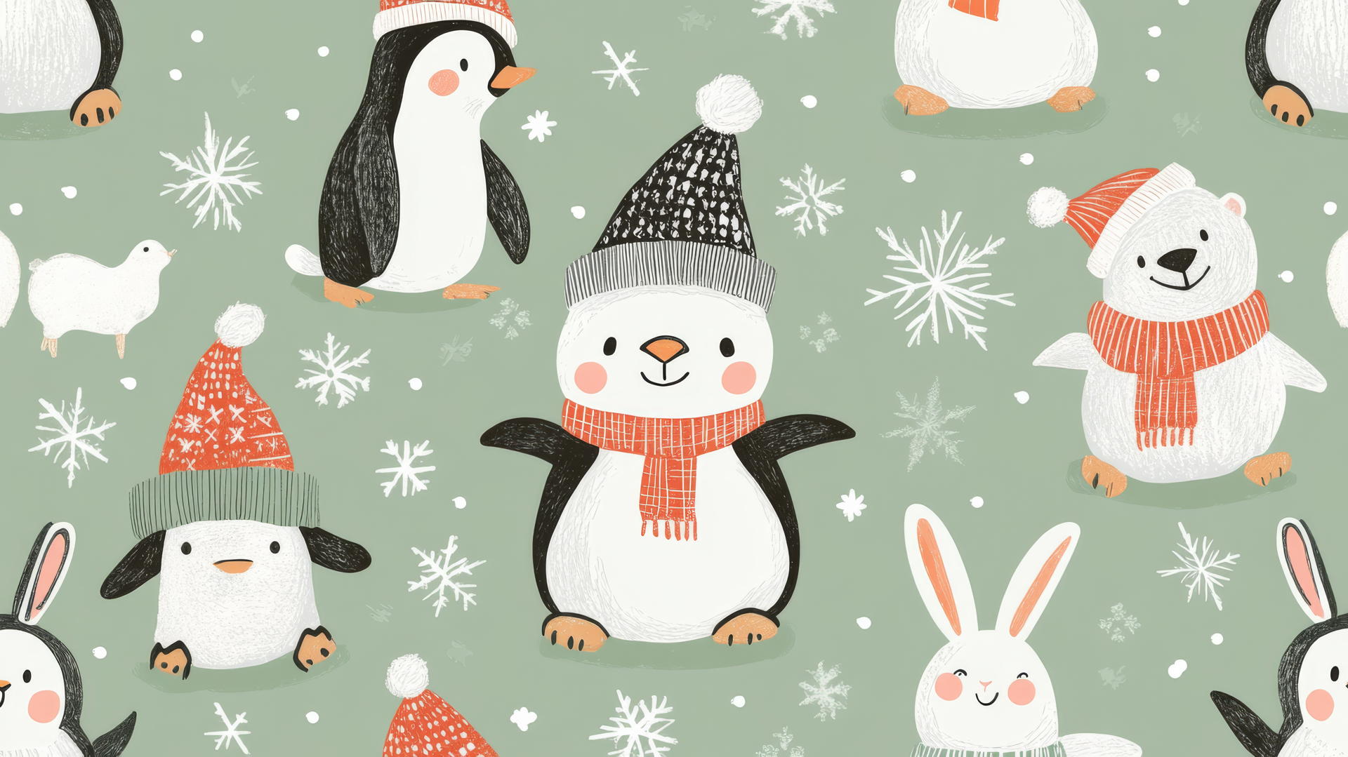 Cute preppy Christmas wallpaper with penguins, polar bears, and rabbits in festive attire