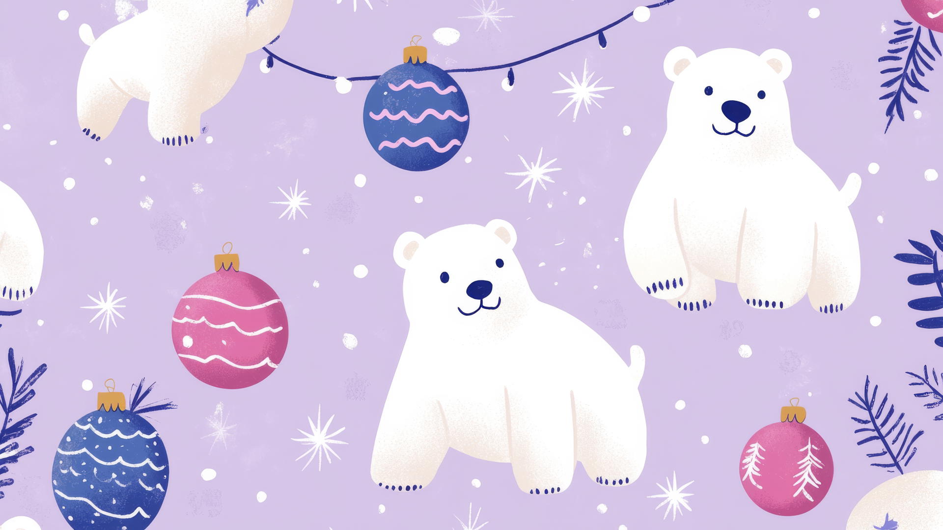 cute Christmas wallpaper preppy with cheerful polar bears, ornaments, and twinkling lights