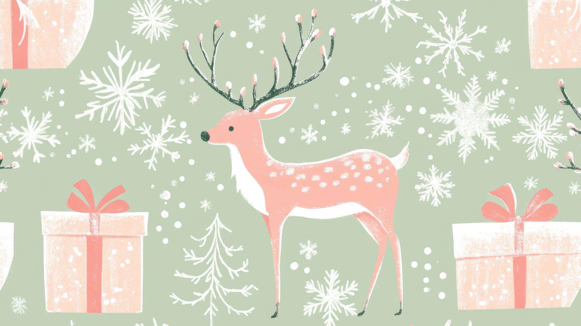 cute Christmas wallpaper preppy with reindeer, snowflakes, and wrapped gifts