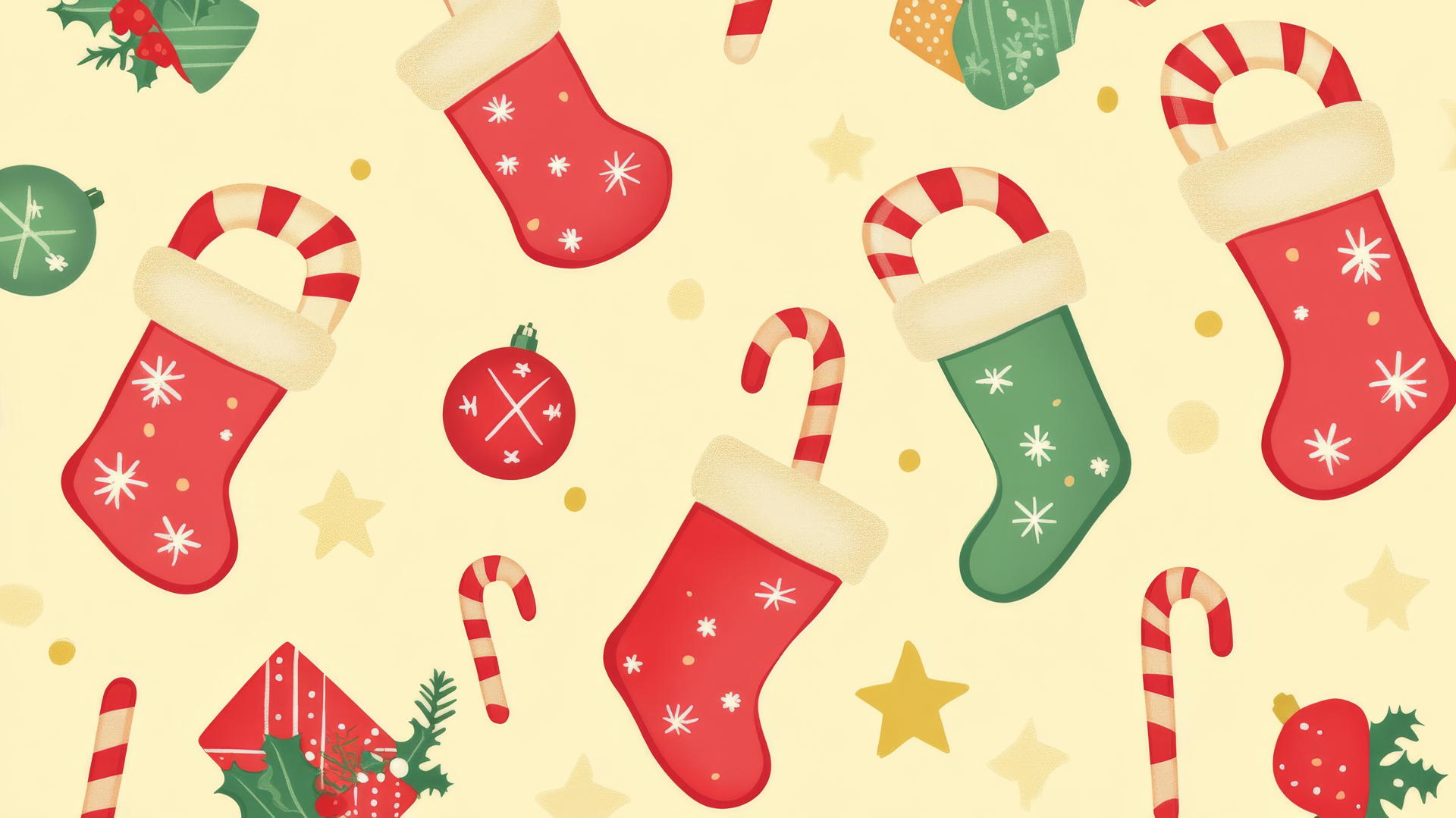 cute Christmas wallpaper preppy with candy canes, stockings, stars on pastel yellow