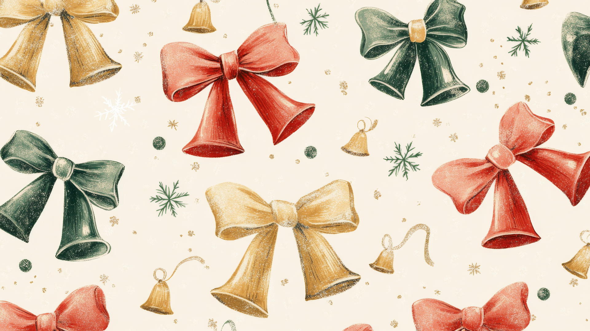 christmas wallpaper preppy with festive bows, bells, and snowflakes on cream background
