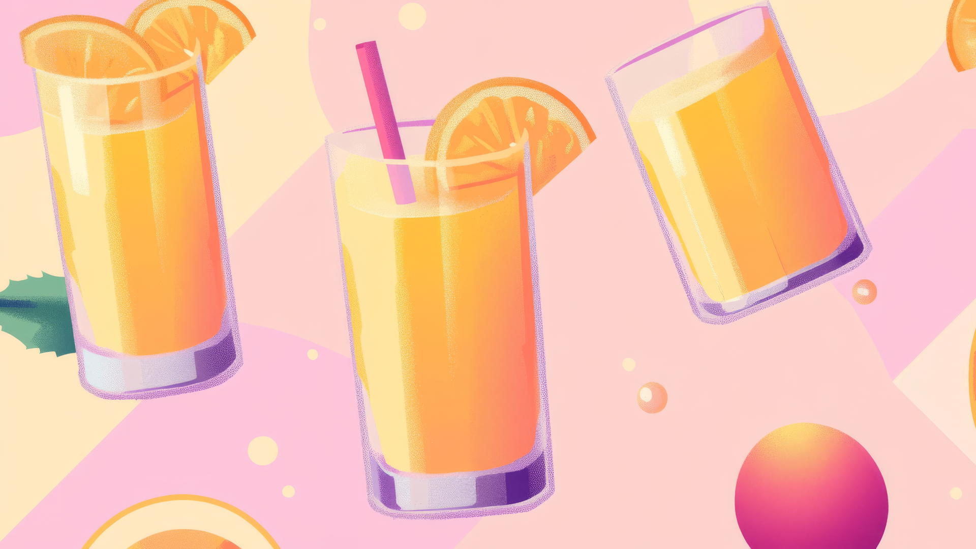 8-bit pixel art pattern of orange and pink peach juice with glass outlines in a playful retro preppy wallpaper
