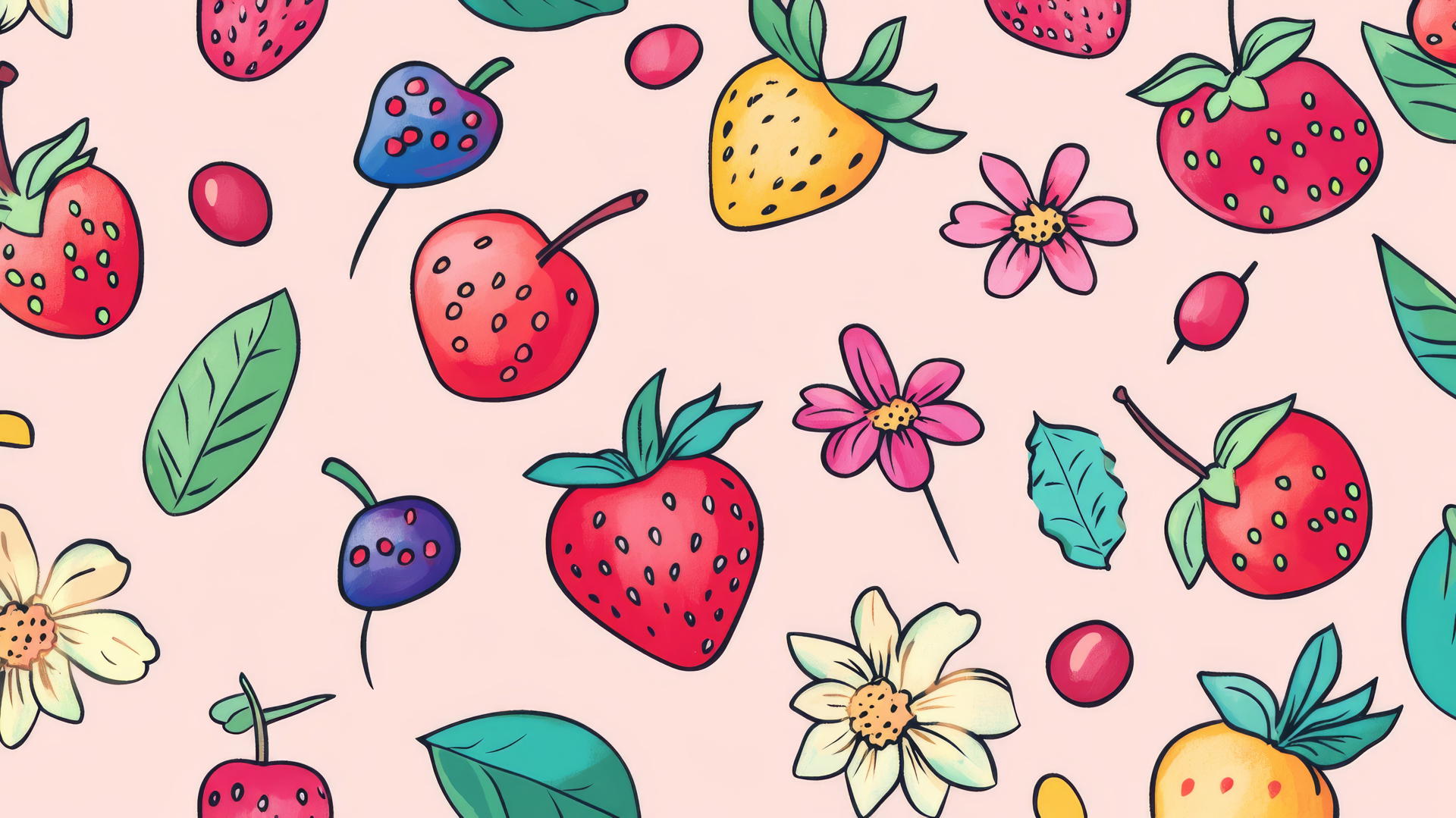 preppy wallpaper with cute doodles of strawberries, cherries, and flowers on light pink background