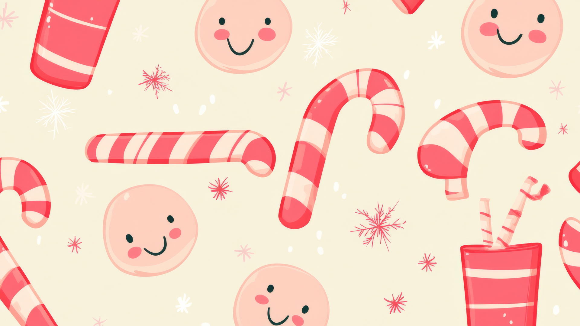 preppy wallpaper with retro Christmas pattern, candy canes, smiling faces in pink and red