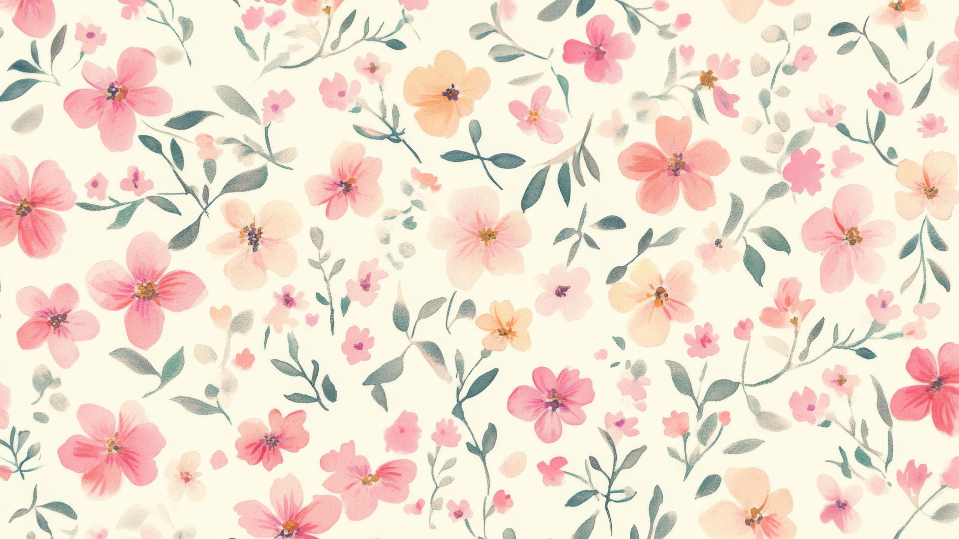 Pink preppy wallpaper with small, colorful flowers in pastel colors on cream background