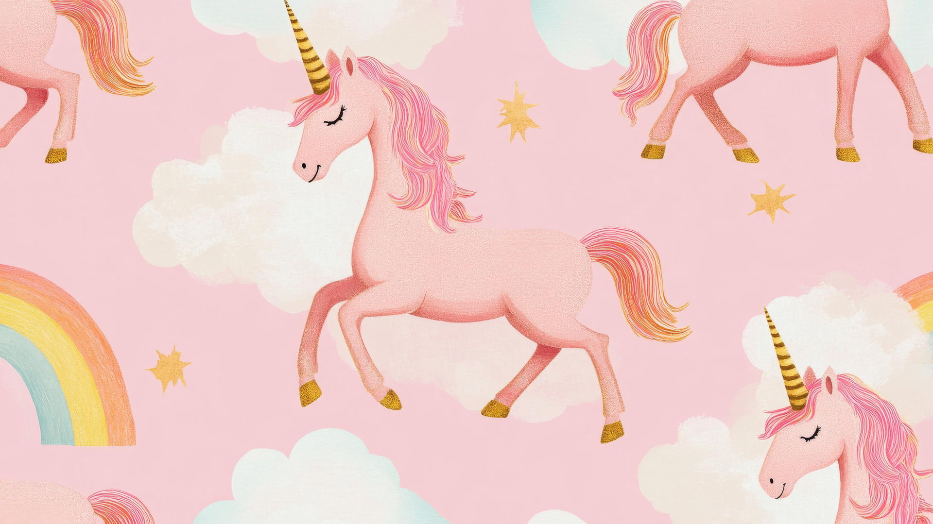 preppy pink wallpaper featuring pink unicorns with golden horns and pastel rainbows on light pink cloud background