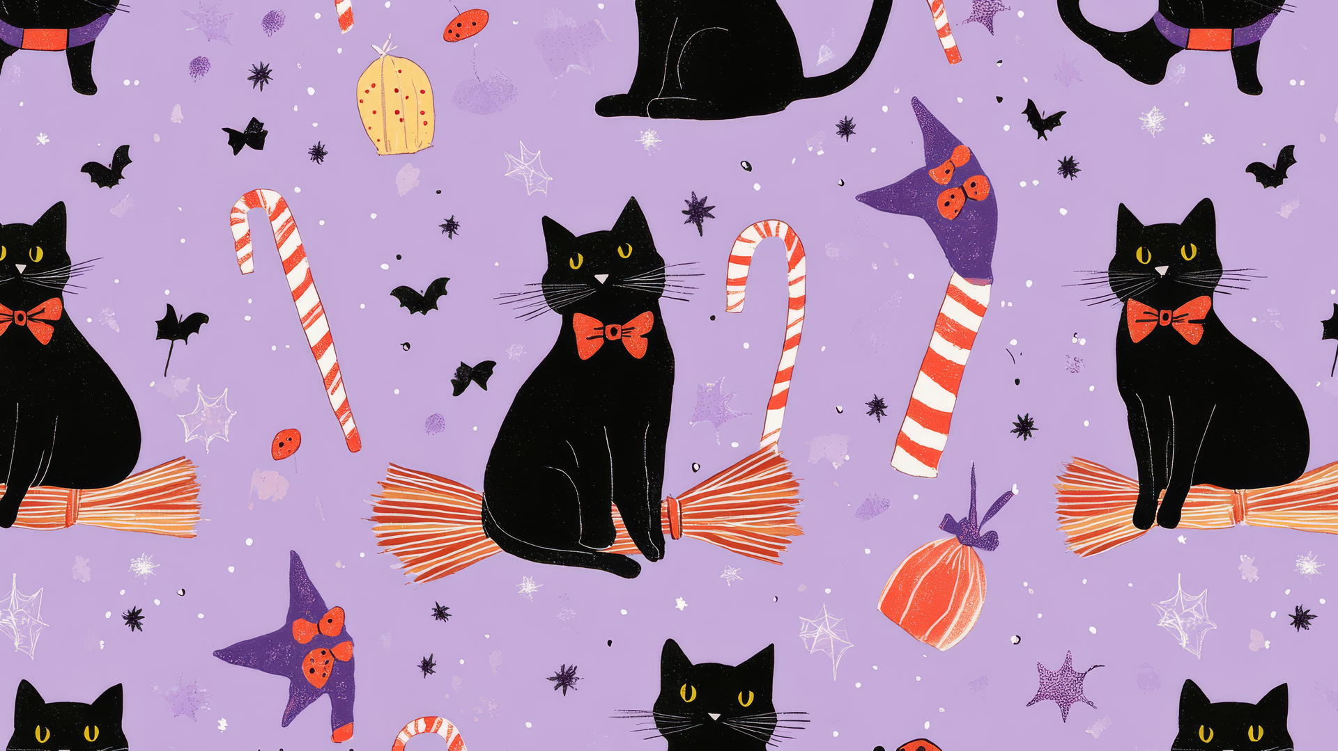 halloween preppy wallpaper with black cats, whimsical witches, and candy cane borders on pastel lavender background