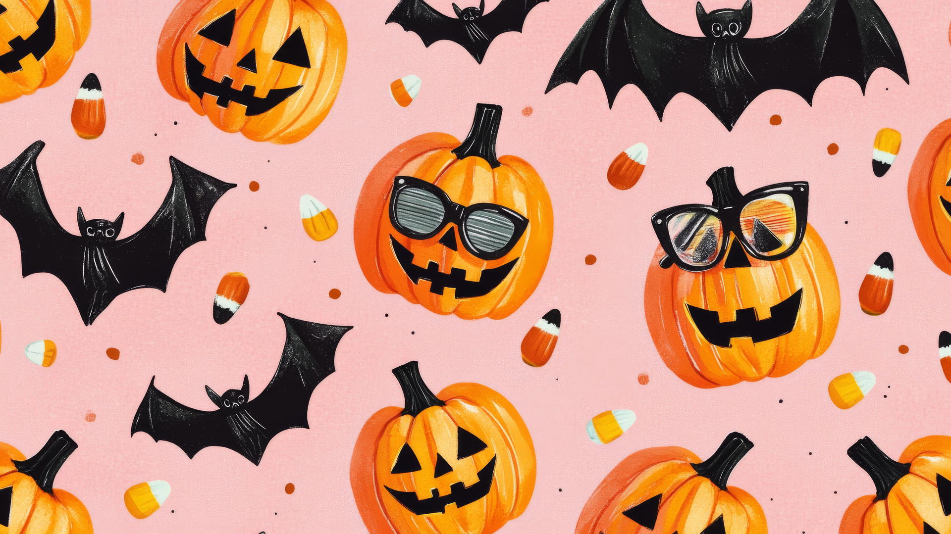 halloween preppy wallpaper with jack-o'-lanterns in bow ties, bats in glasses, and candy corn on pastel pink