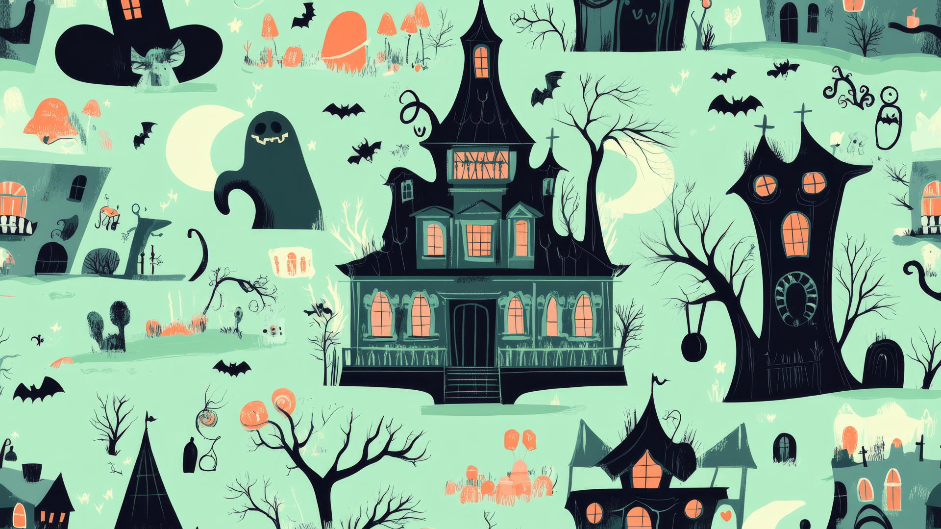 halloween preppy wallpaper with pastel haunted mansions and ghostly tea parties