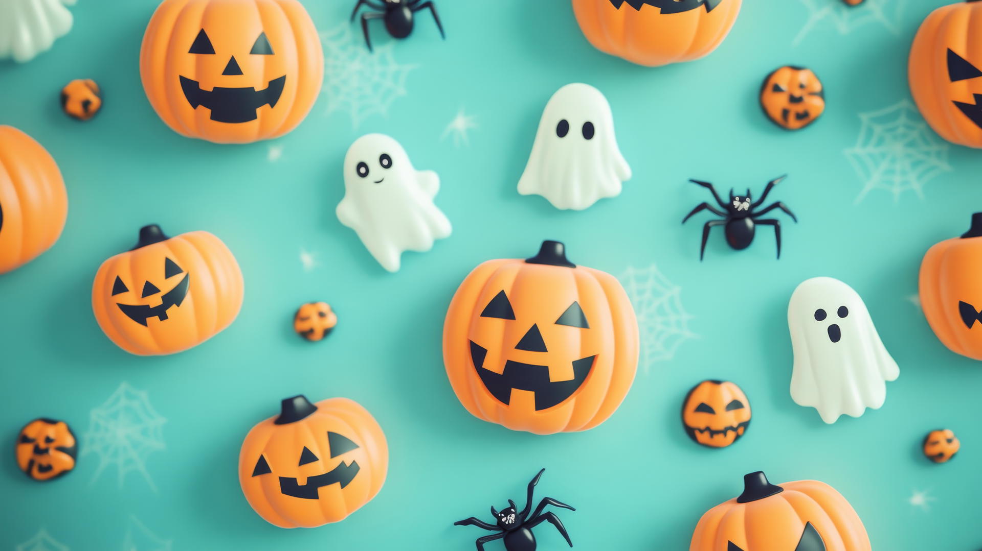 halloween wallpaper preppy with smiling jack-o'-lanterns, spiders, and ghosts on pastel teal
