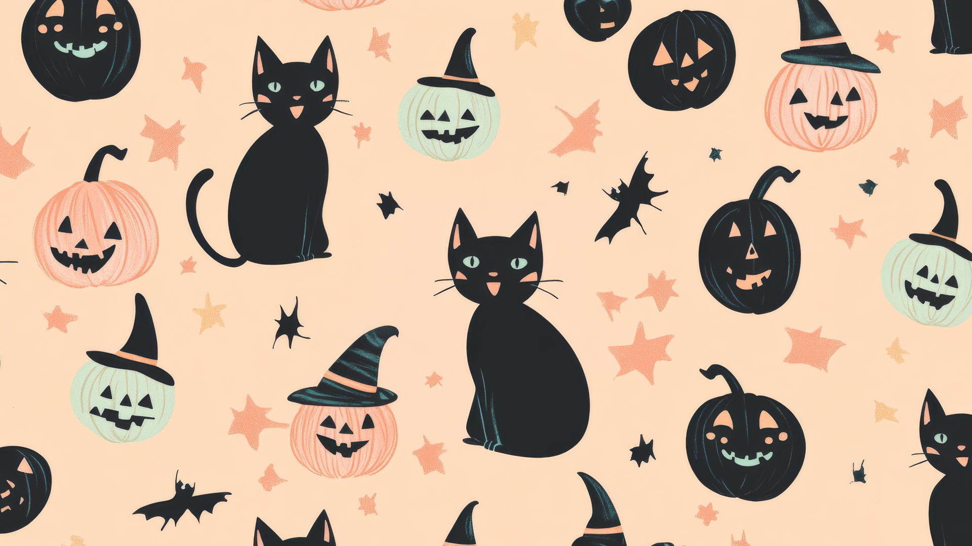 Halloween wallpaper preppy with black cats, pumpkins, witch hats on peach background