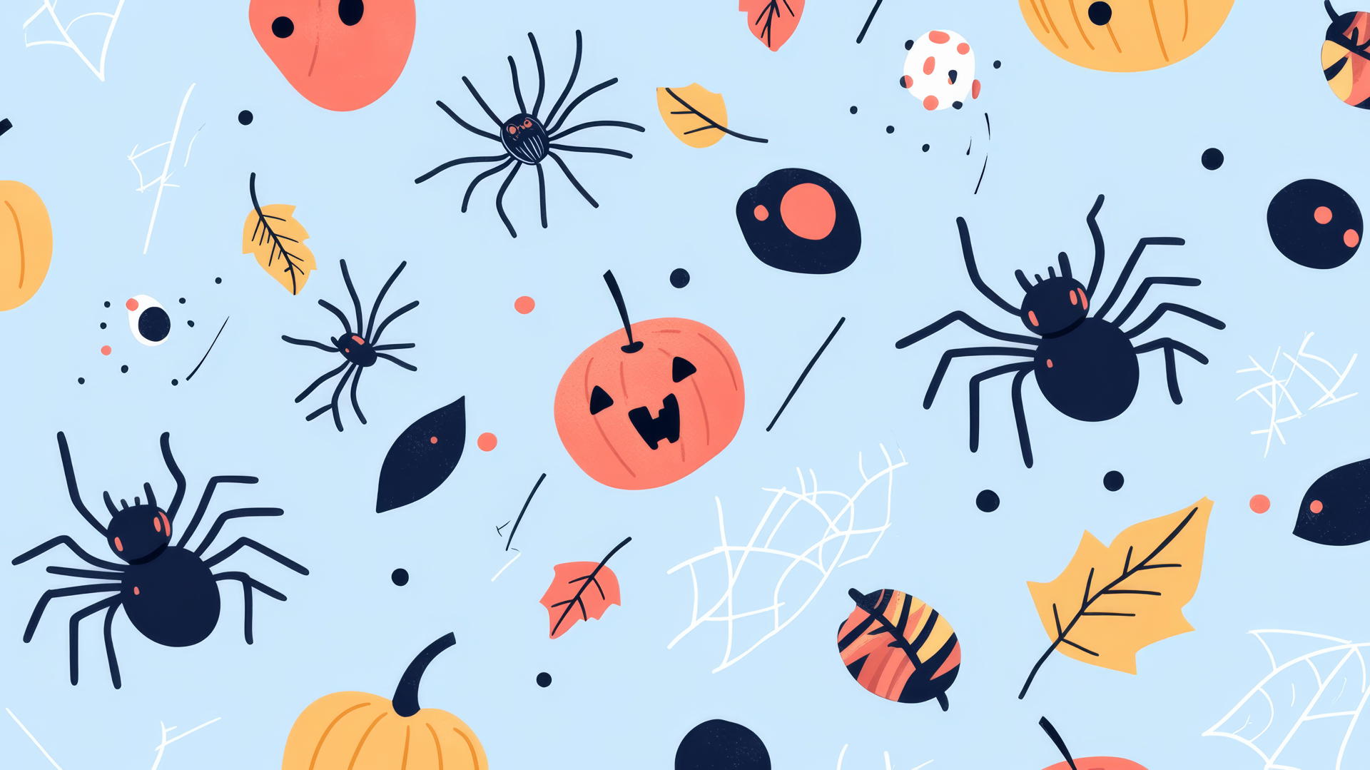 Halloween wallpaper preppy with spiders, candy apples, on blue