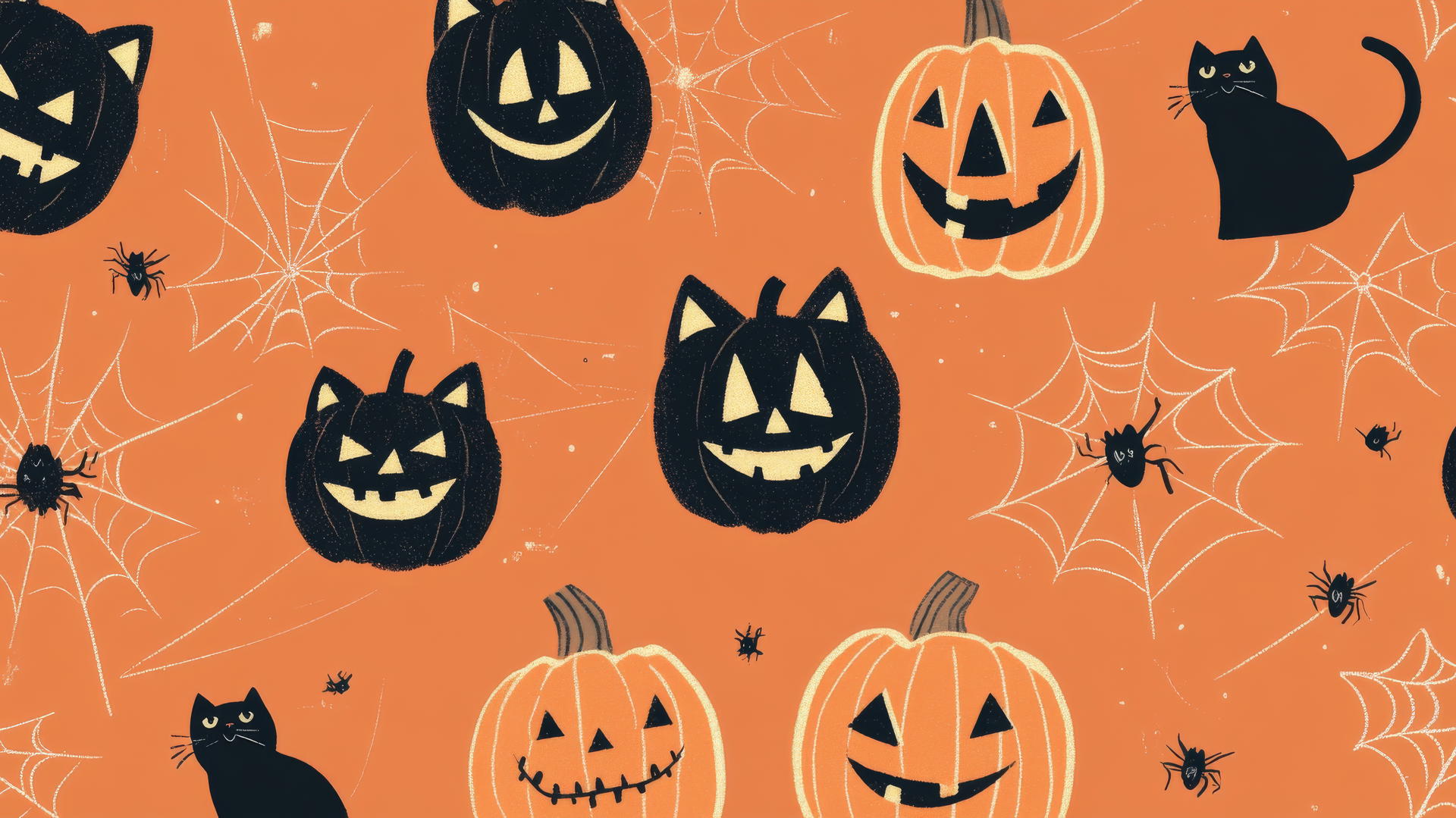 Preppy Halloween wallpaper with retro jack-o'-lanterns, black cats, and spiderwebs