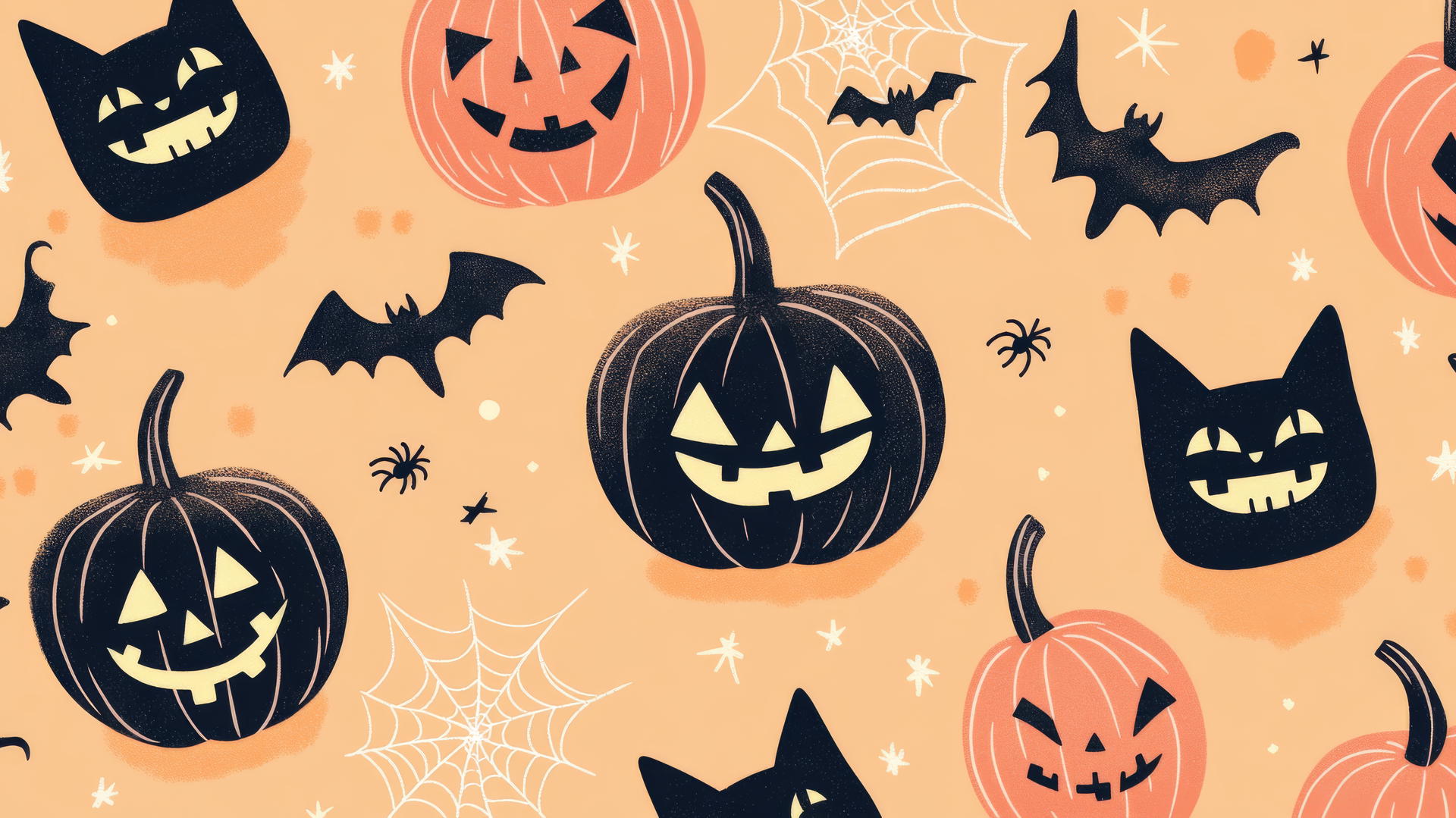 preppy halloween wallpaper with jack-o'-lanterns, black cats, and spiderwebs
