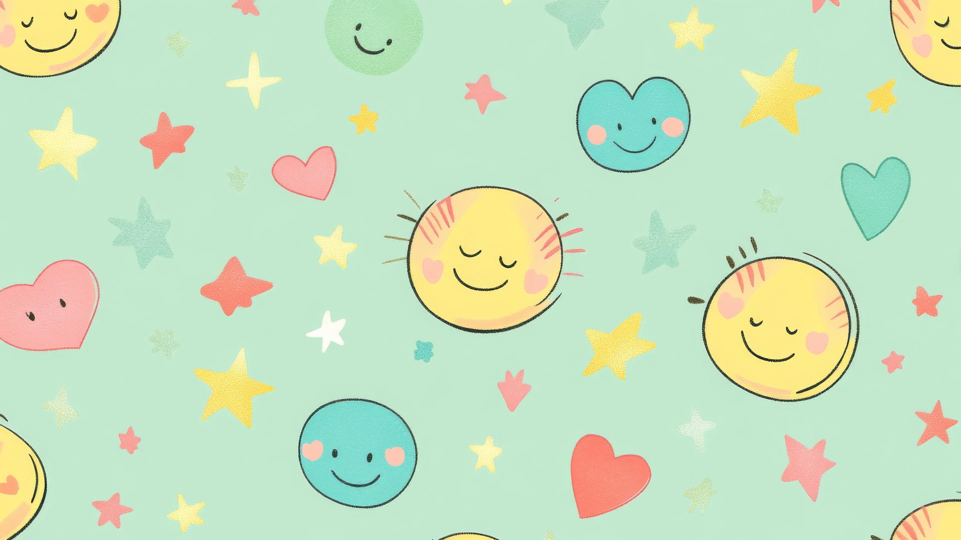 preppy wallpaper smiley face with rainbow accents, stars and hearts on pastel green background