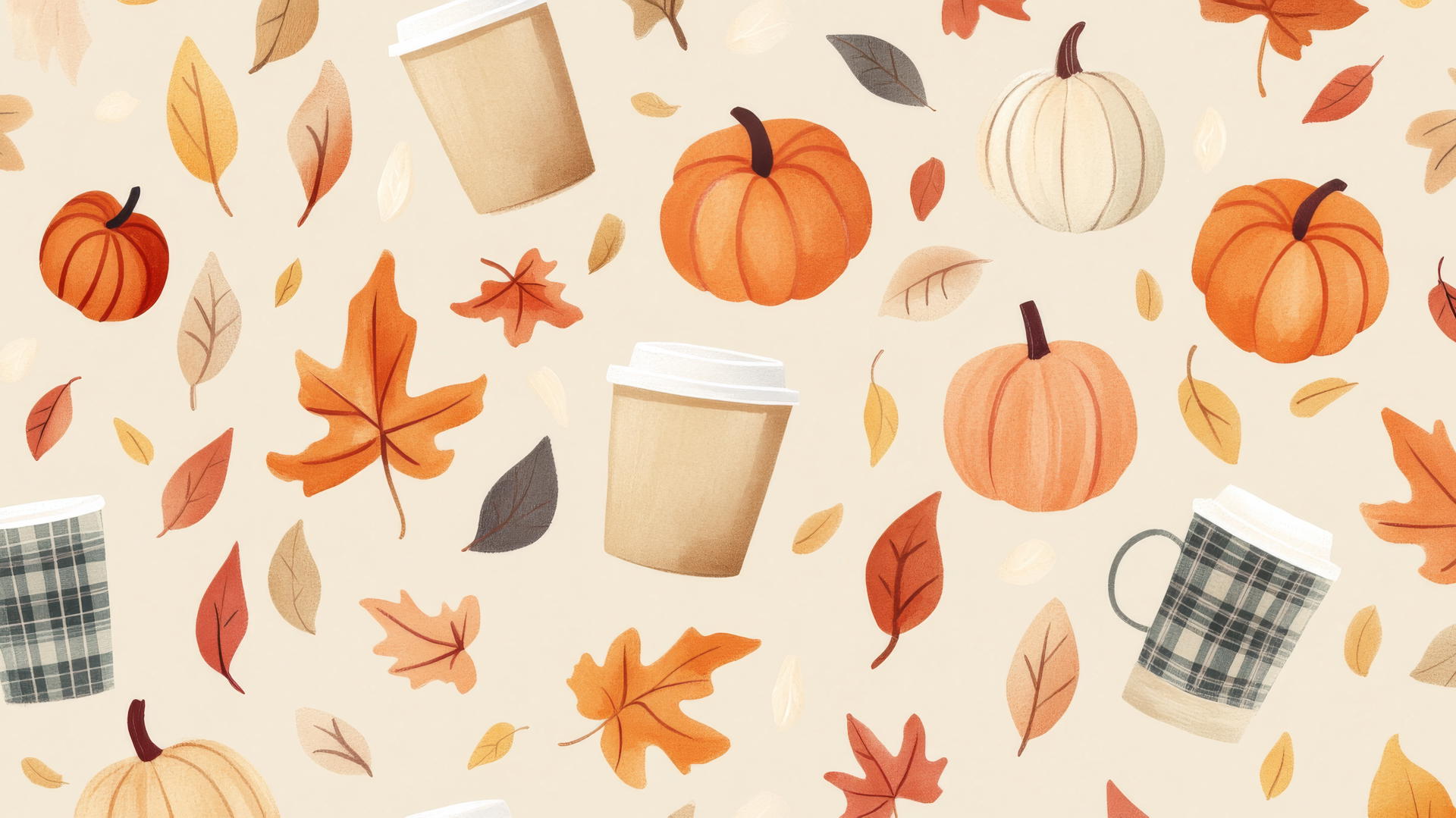 Preppy fall wallpaper with pastel leaves, pumpkins, and coffee cups on light brown
