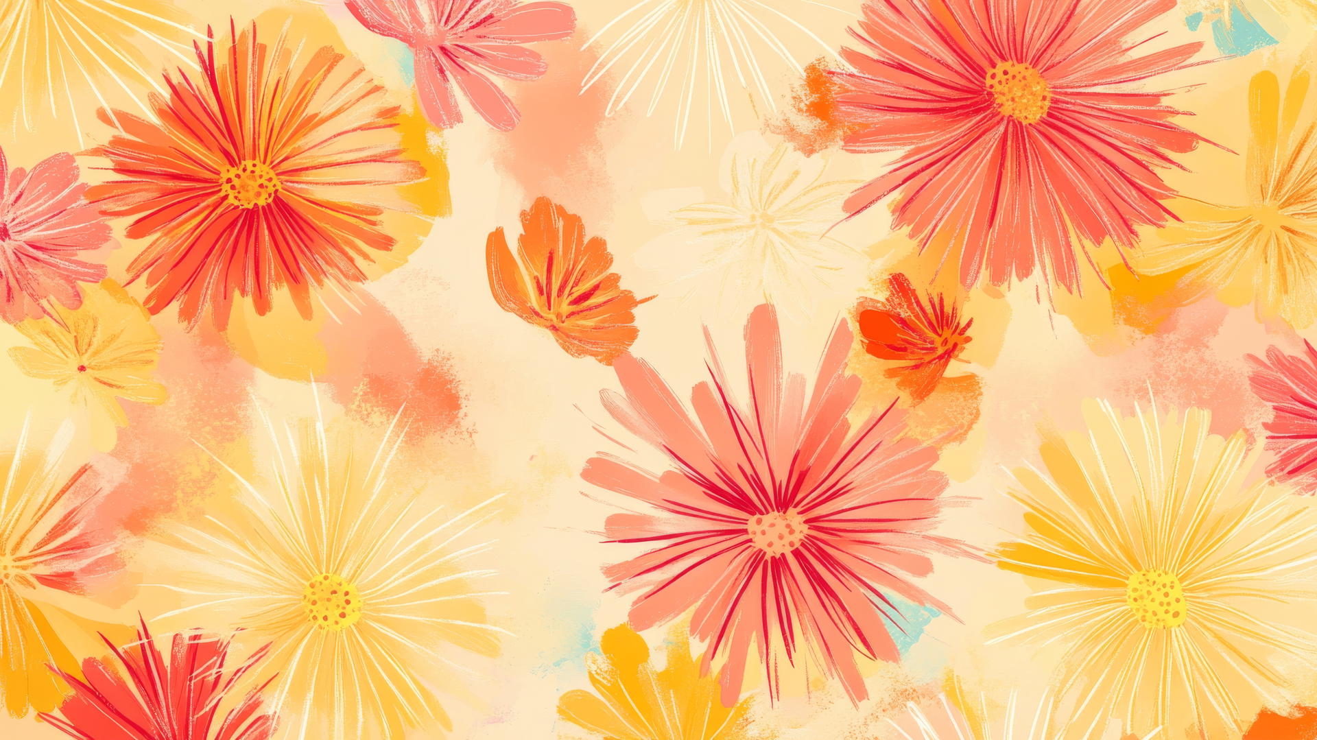 Dynamic pattern of sunbursts and abstract flowers in vibrant yellows, pinks, and oranges on a pastel background, perfect for a preppy spring wallpaper