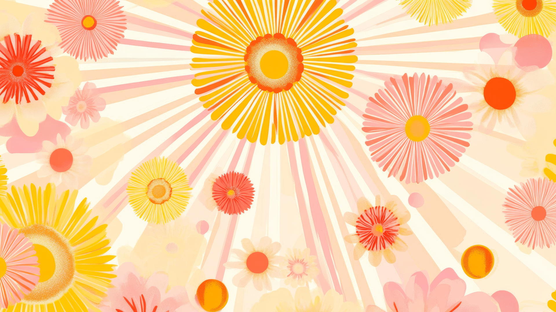 preppy spring wallpaper with sunbursts and abstract flowers in vibrant yellows, pinks, and oranges on a pastel background