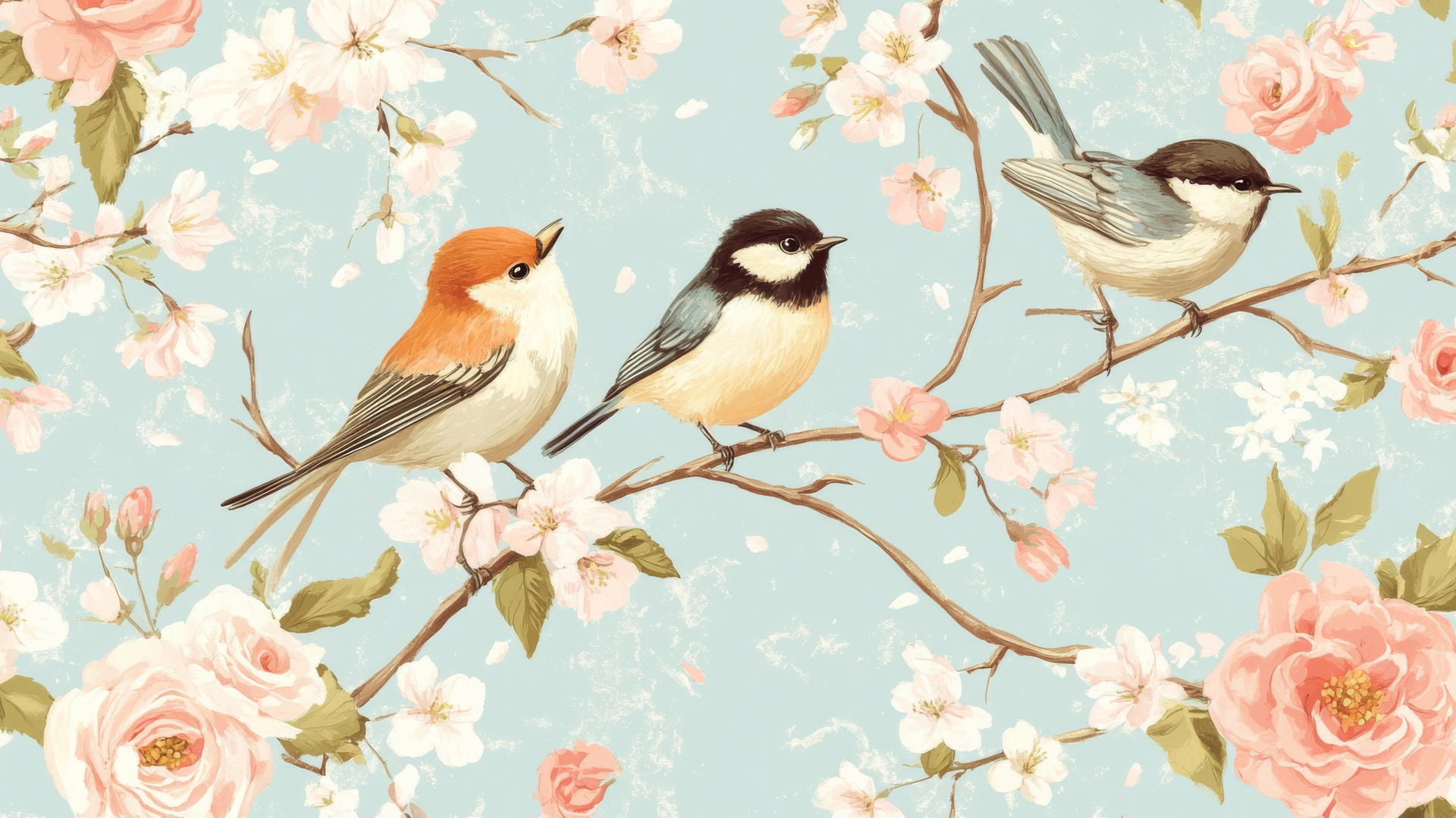 preppy spring wallpaper: songbirds on branches with cherry blossoms and roses