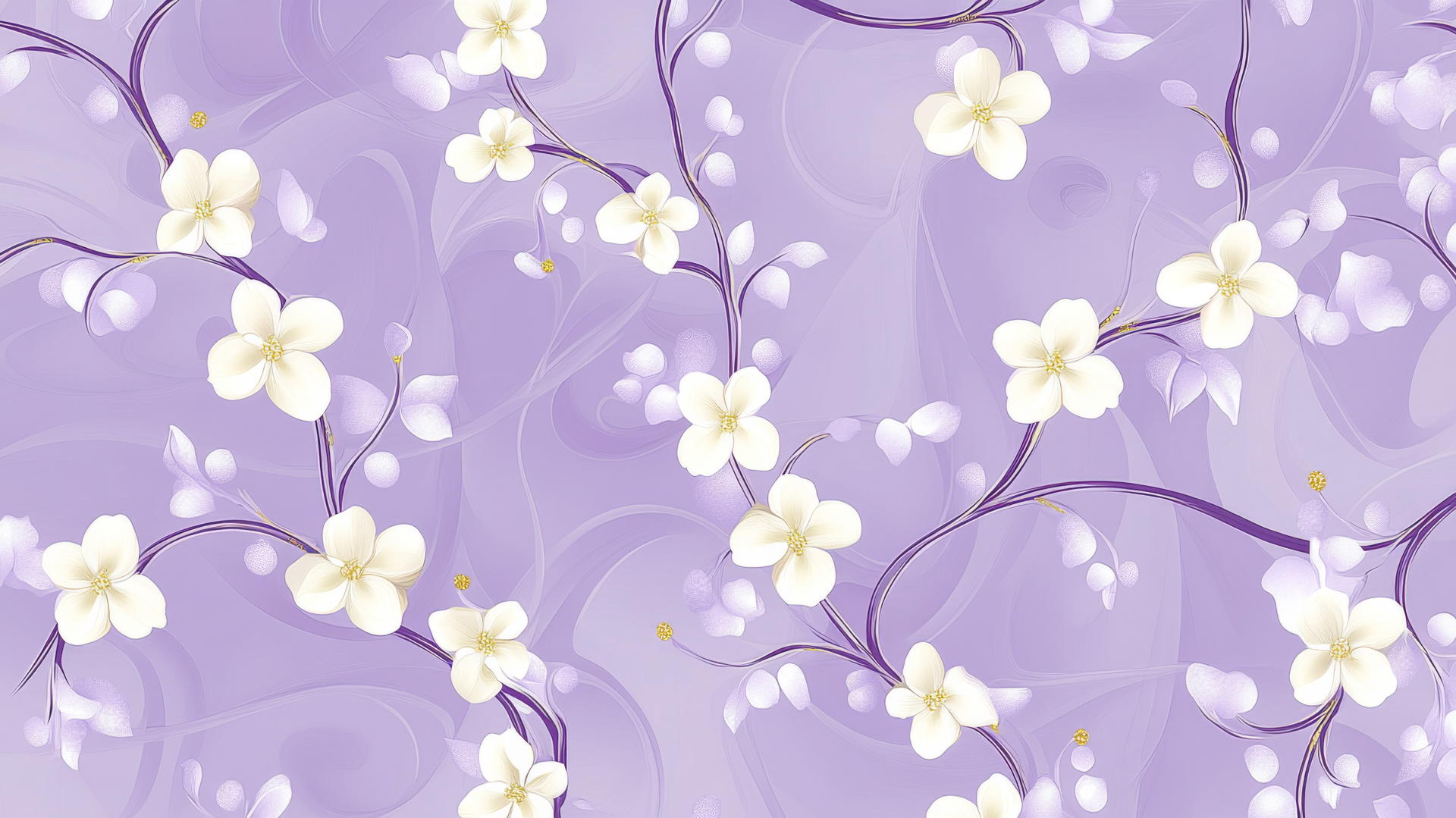 preppy purple wallpaper with intertwining purple vines and delicate white flowers on lavender background