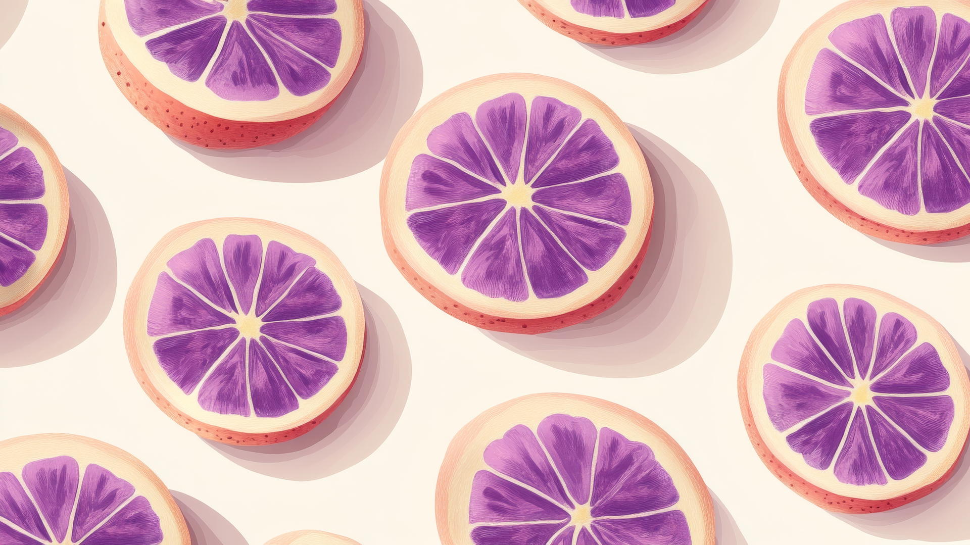 purple preppy wallpaper with sliced purple grapefruits in isometric layout on cream background