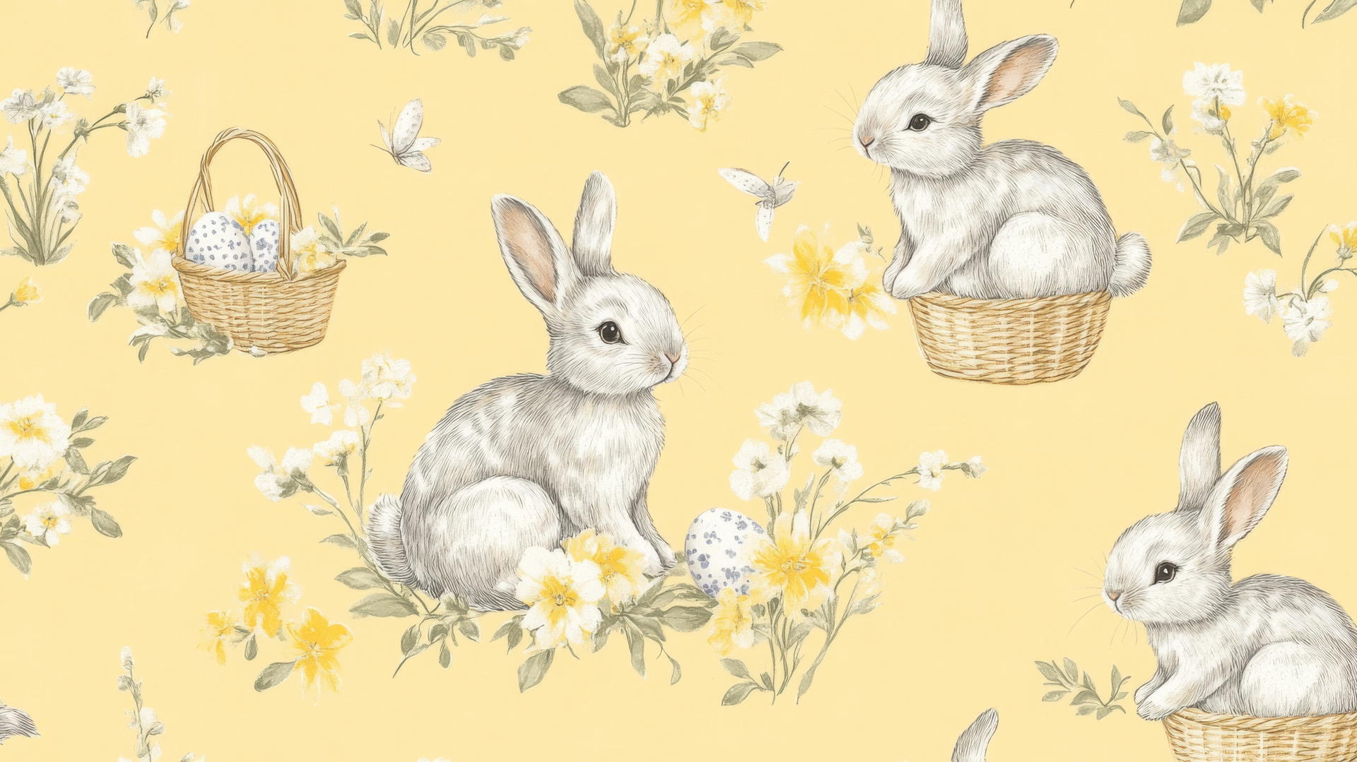 pattern of bunnies in gingham print with Easter baskets and flowers on a soft yellow background preppy easter wallpaper