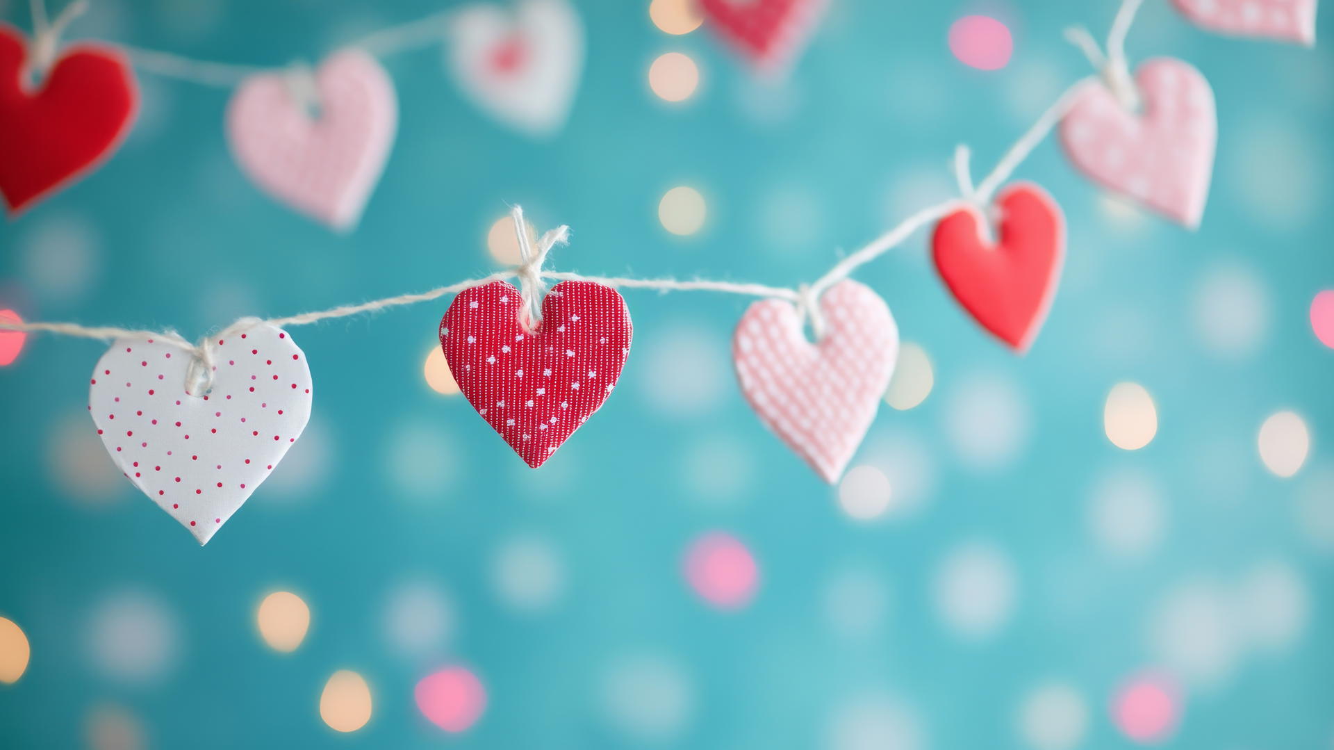 preppy valentines wallpaper with heart-shaped bunting in pink, red, and white, pastel blue background