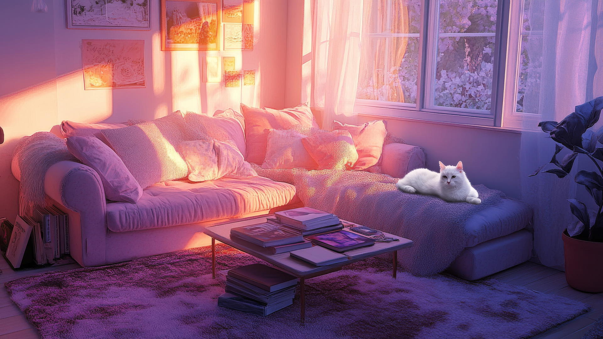 wallpapers cute living room with pastel sofa, cushions, cat on rug, cozy setting.