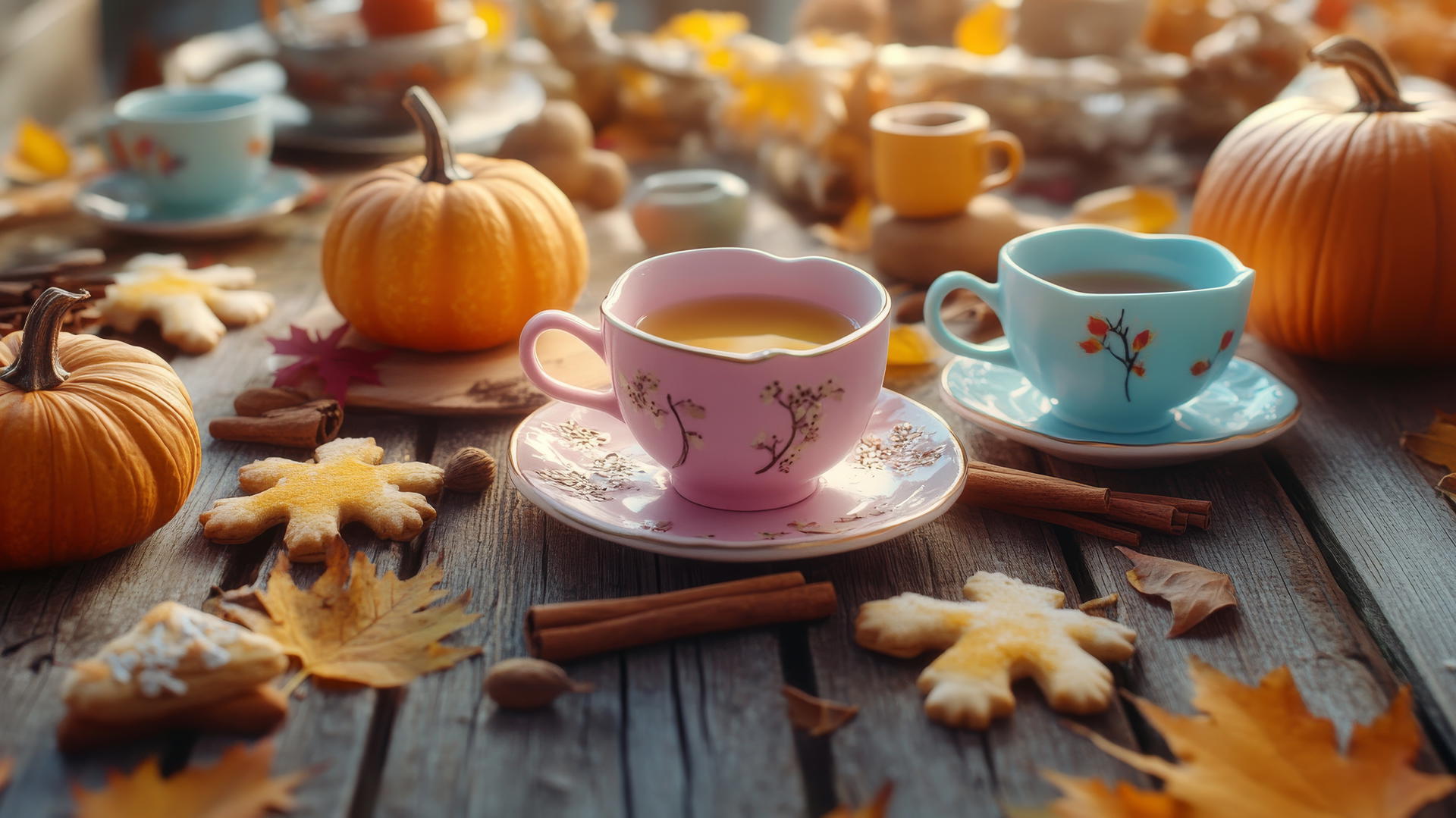 cute fall aesthetic wallpapers with pastel teacups, pumpkin cookies, and fall leaves