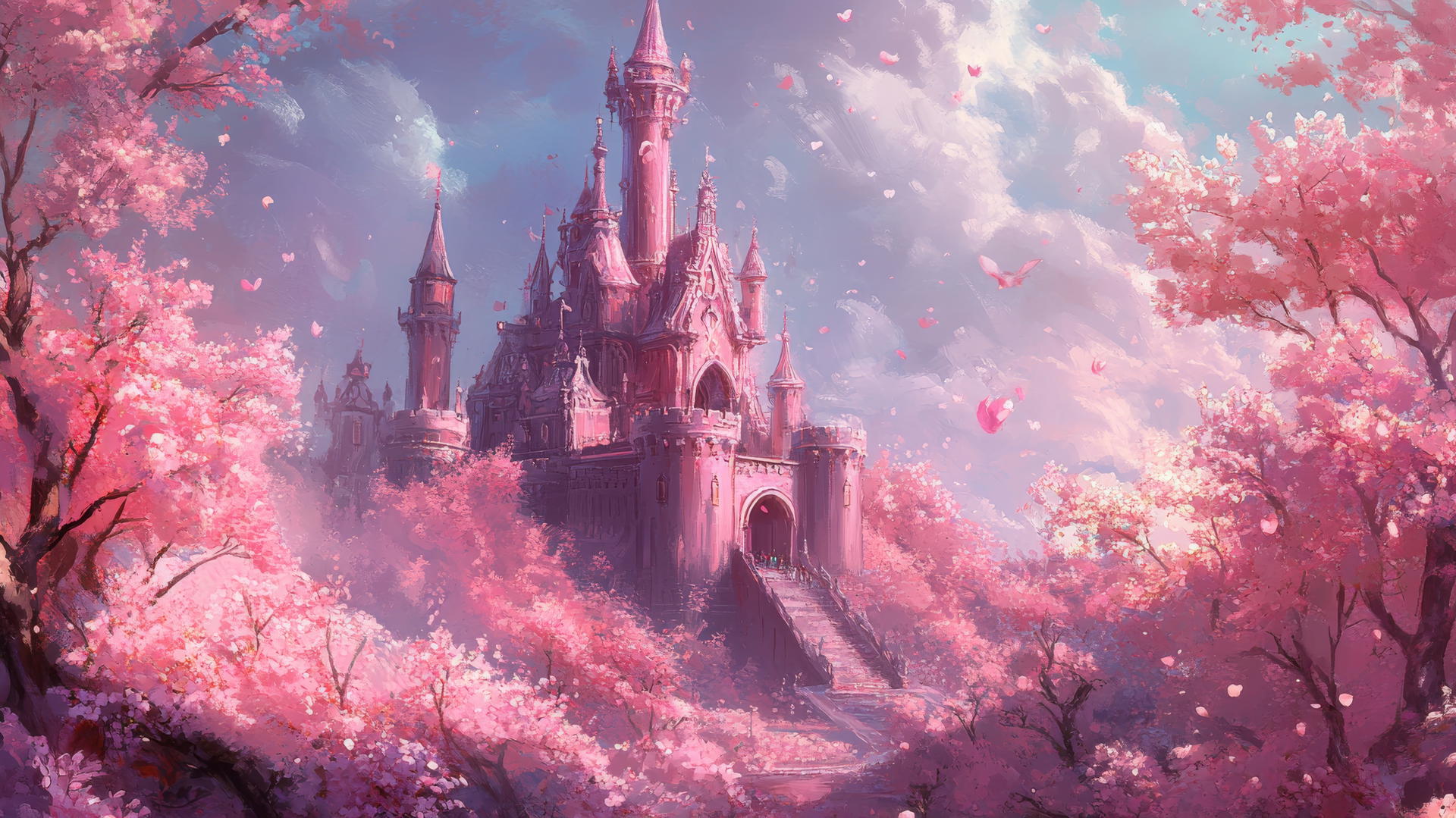 aesthetic pink wallpaper with whimsical pink castle and cherry blossoms