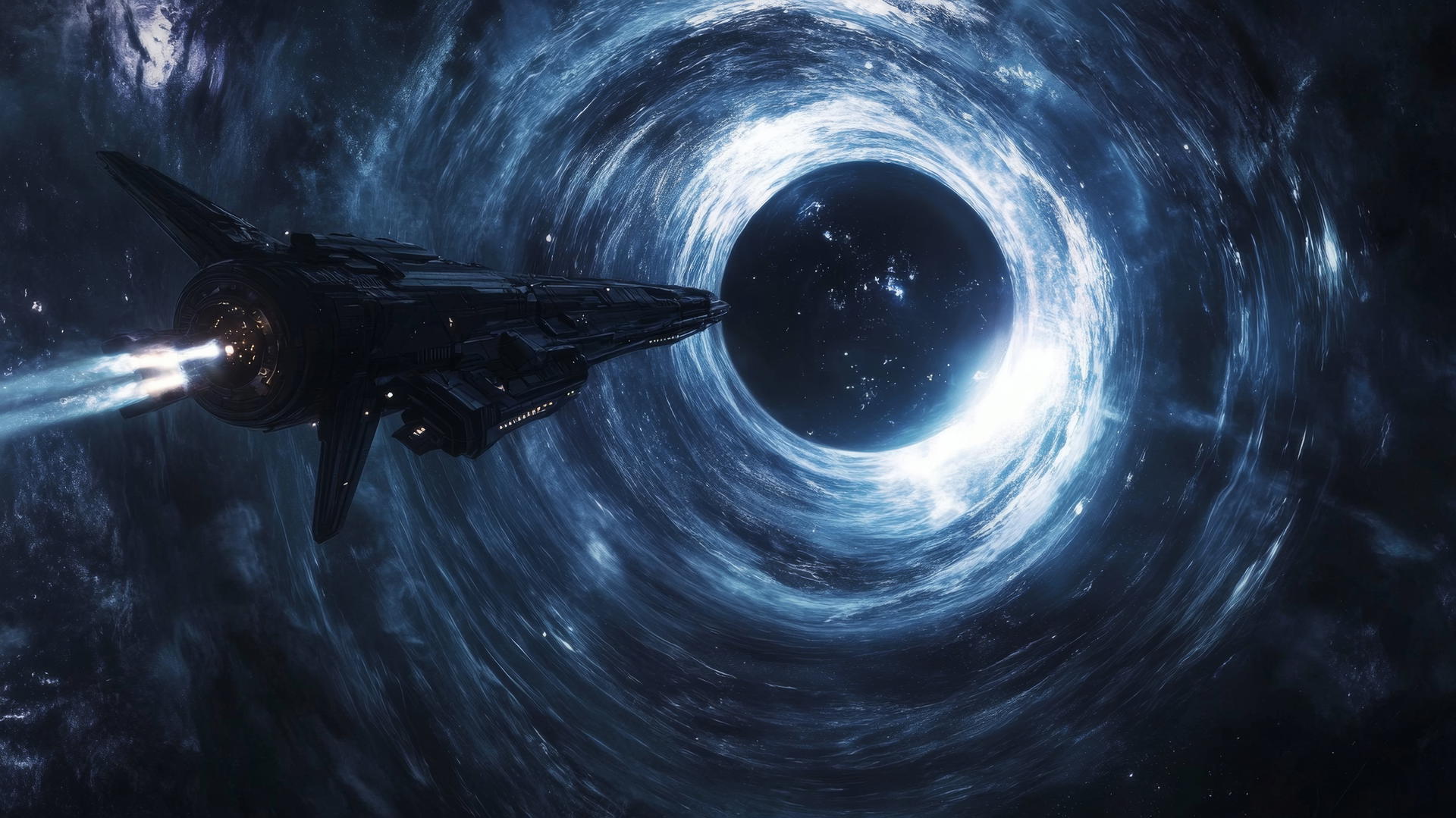 black hole wallpaper with a massive spaceship near black hole