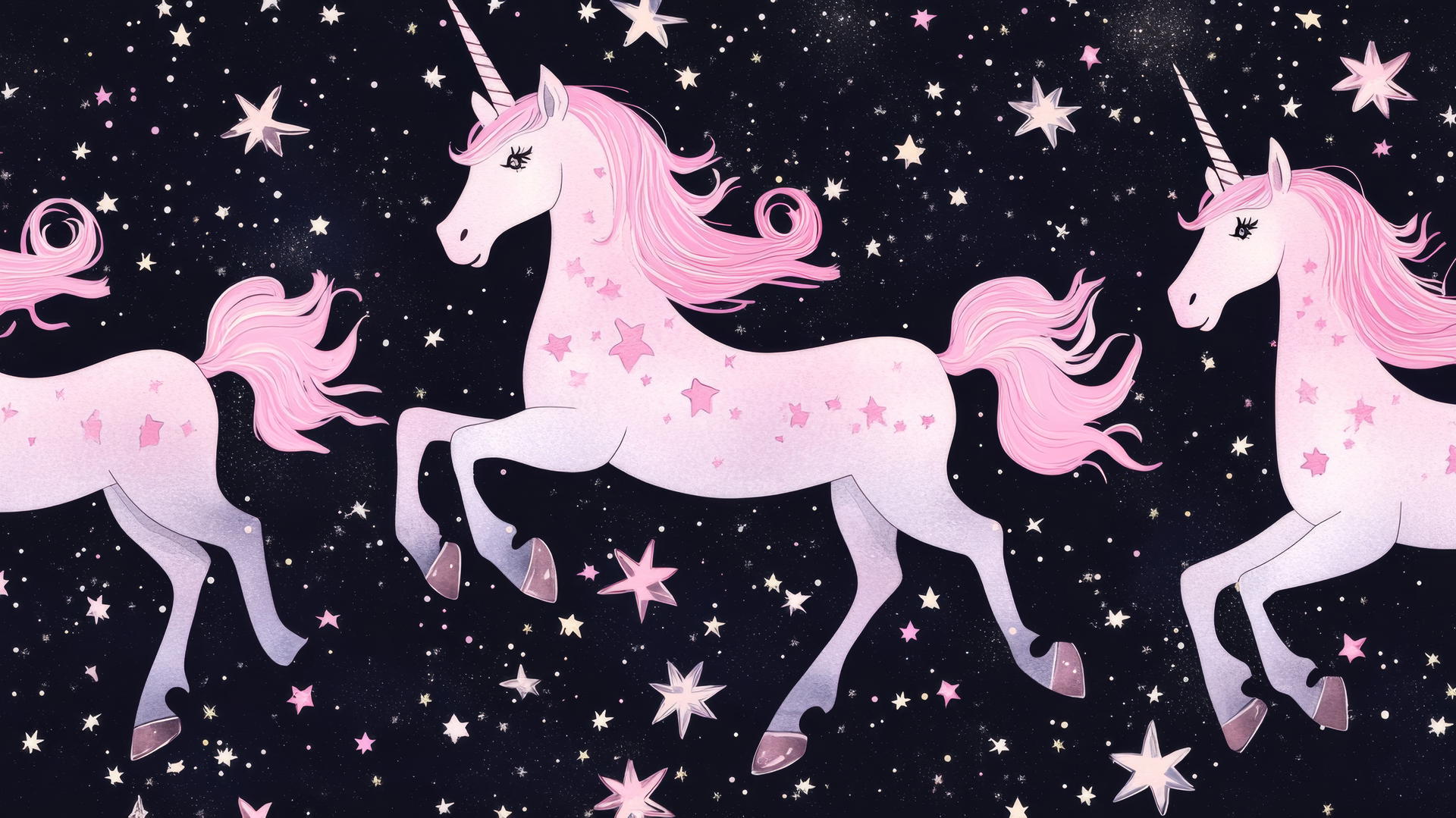 black wallpaper for girls with pastel pink unicorns and sparkly stars