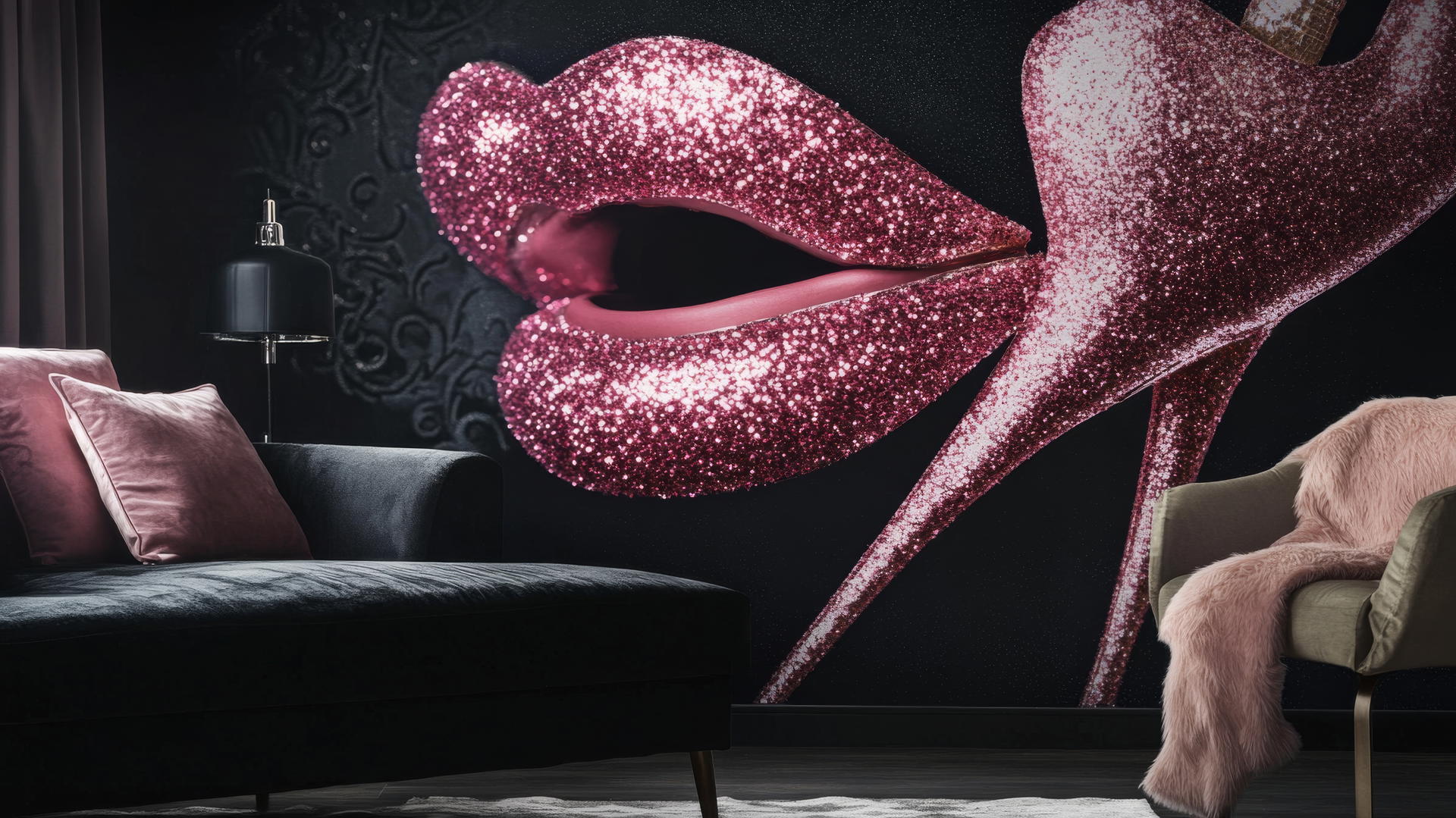 A black wallpaper for girls featuring glittery pink high heels and lipstick.