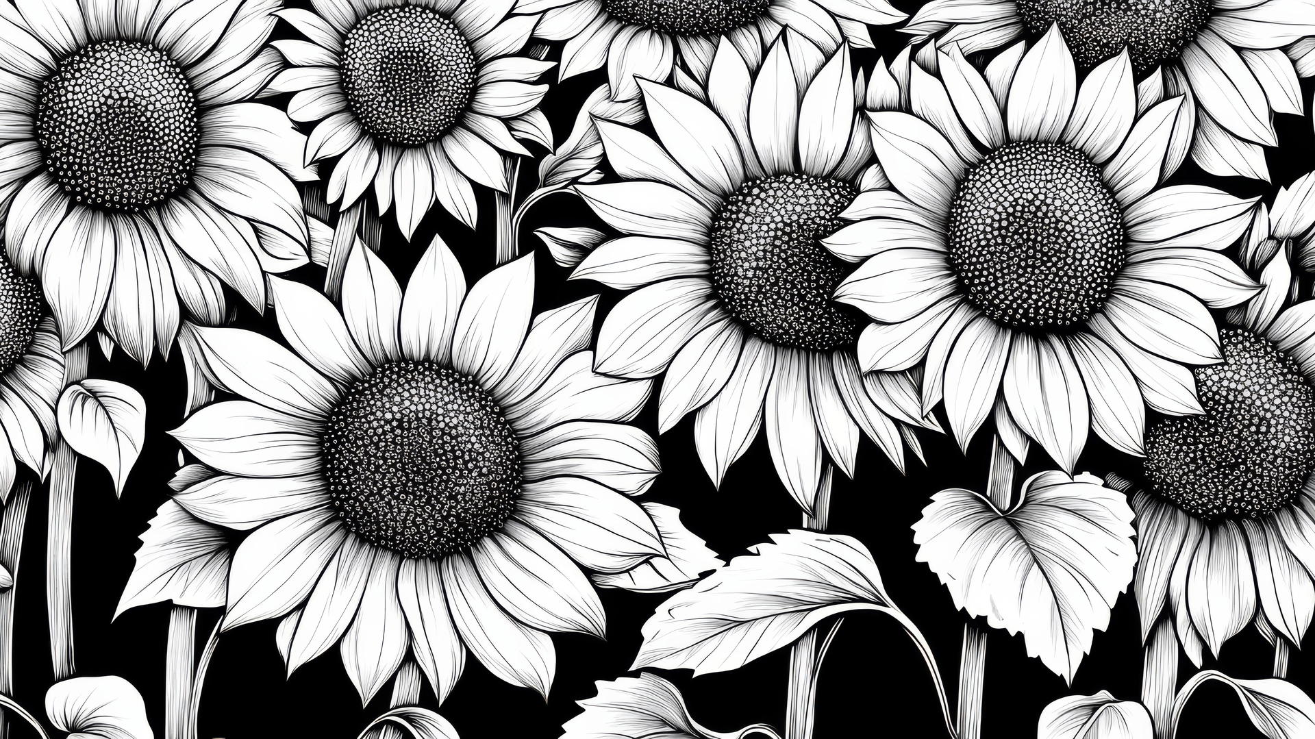 black and white floral wallpaper with sunflowers and bold graphic lines