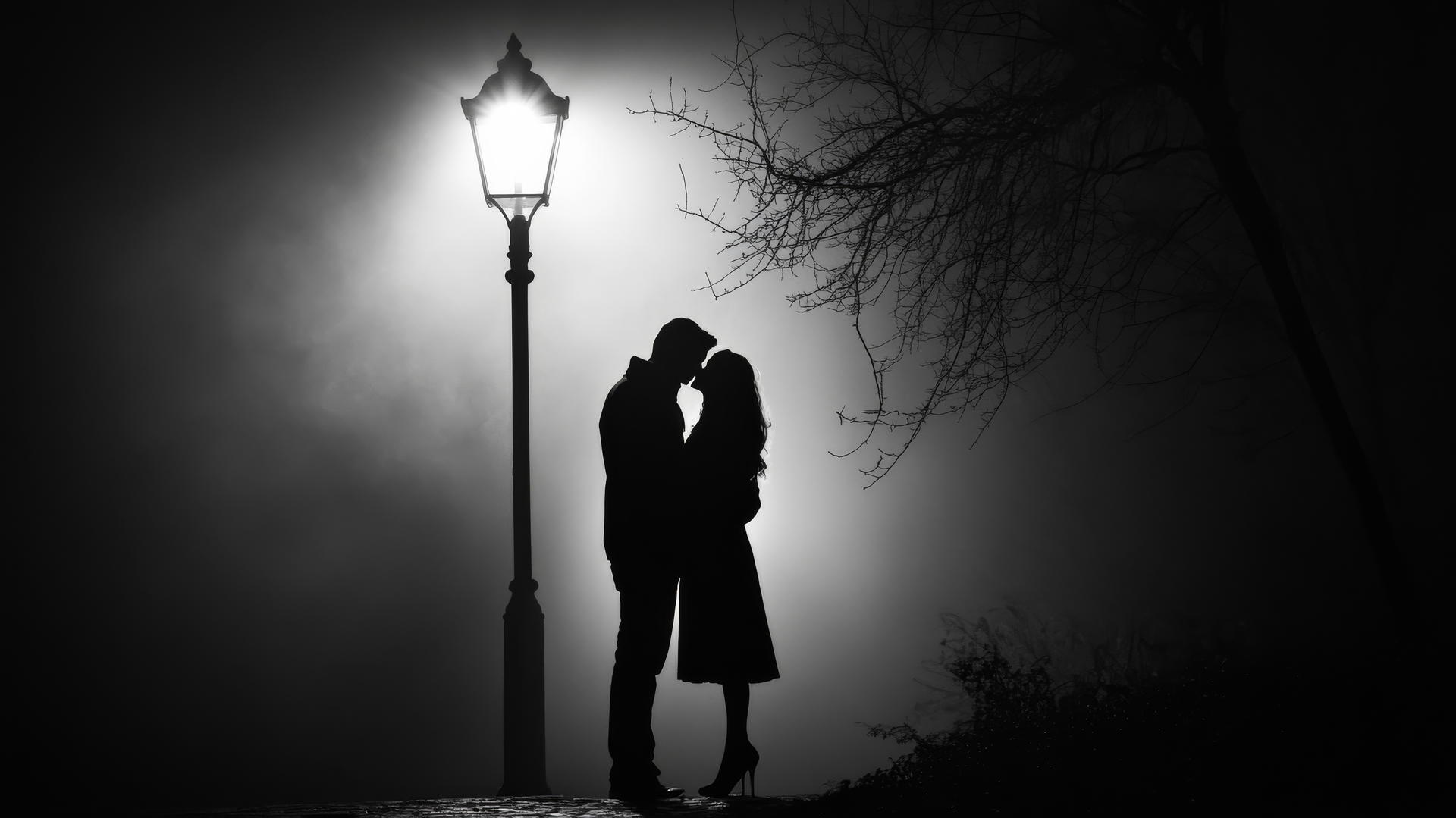 A couple sharing a kiss under a streetlamp with a soft glow, black and white aesthetic wallpaper