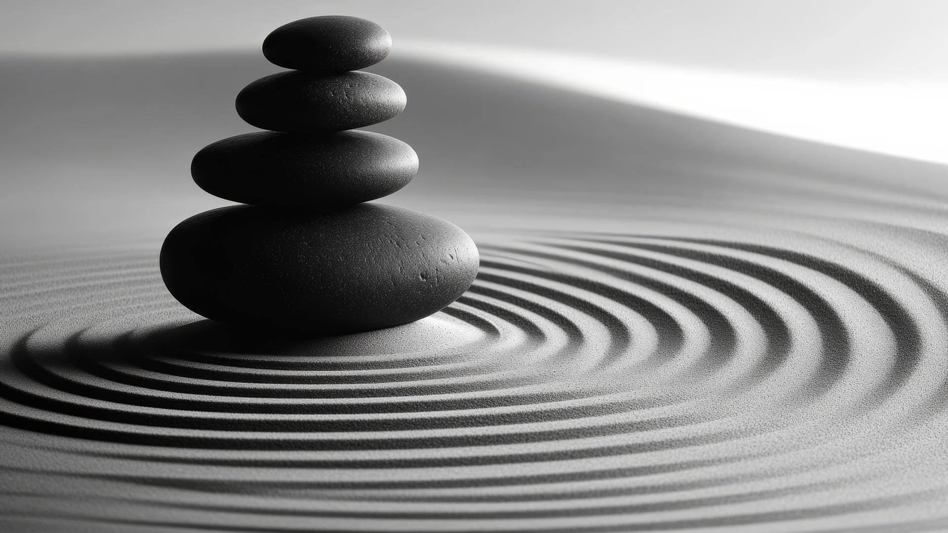 black and white aesthetic wallpaper of minimalist zen garden with raked sand and stones