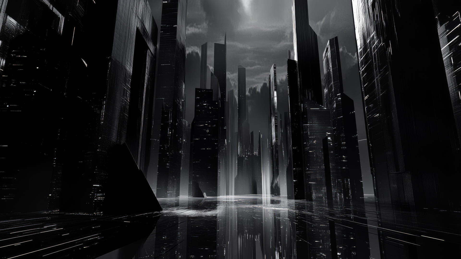 black aesthetic wallpaper with a futuristic, monochrome cityscape featuring tall skyscrapers and geometric patterns