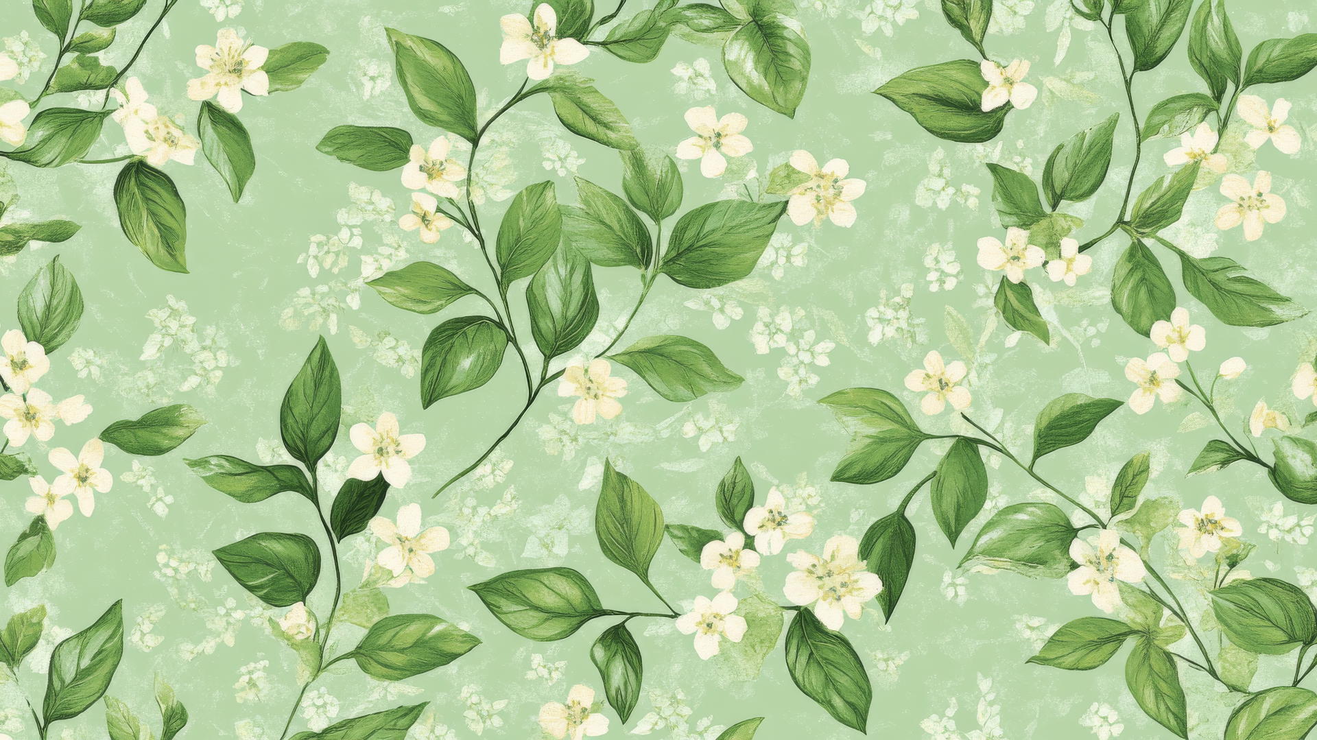 green floral wallpaper with bright green leaves and tiny white flowers on a mint green background