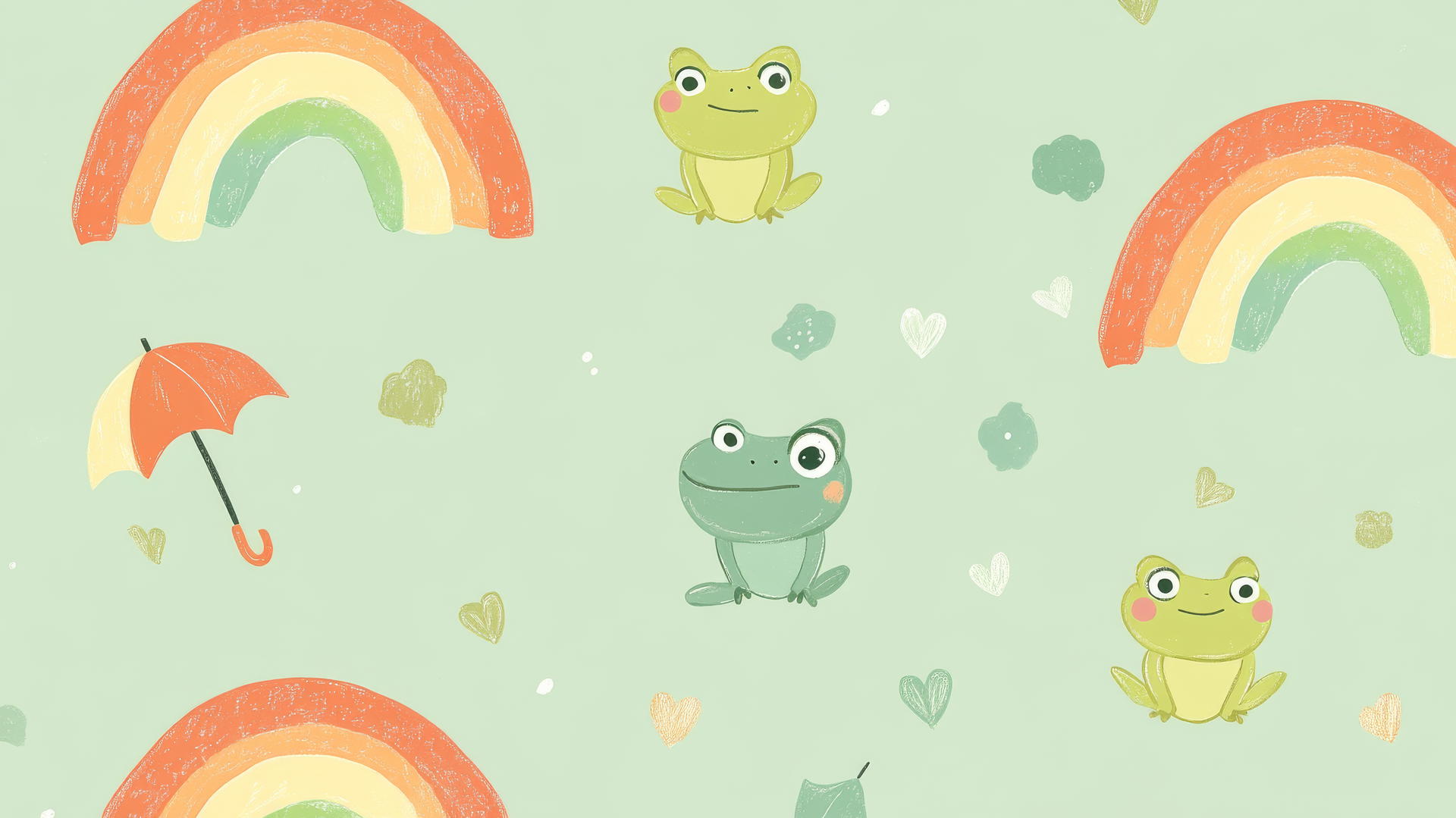 Cute green wallpaper with pastel-colored rainbows and cartoon frogs holding umbrellas
