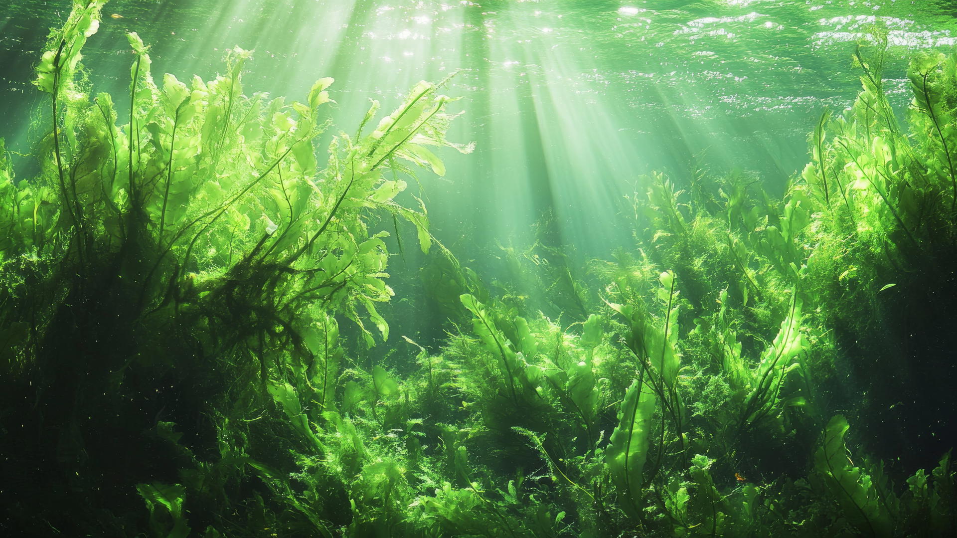 Green wallpaper featuring underwater scene with swaying seaweed and sunlight