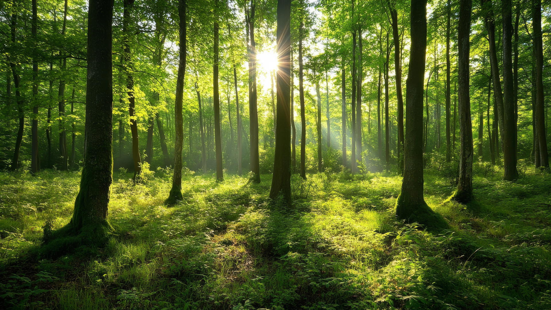 Serene forest scene with sunlight and dappled shadows, green wallpaper.