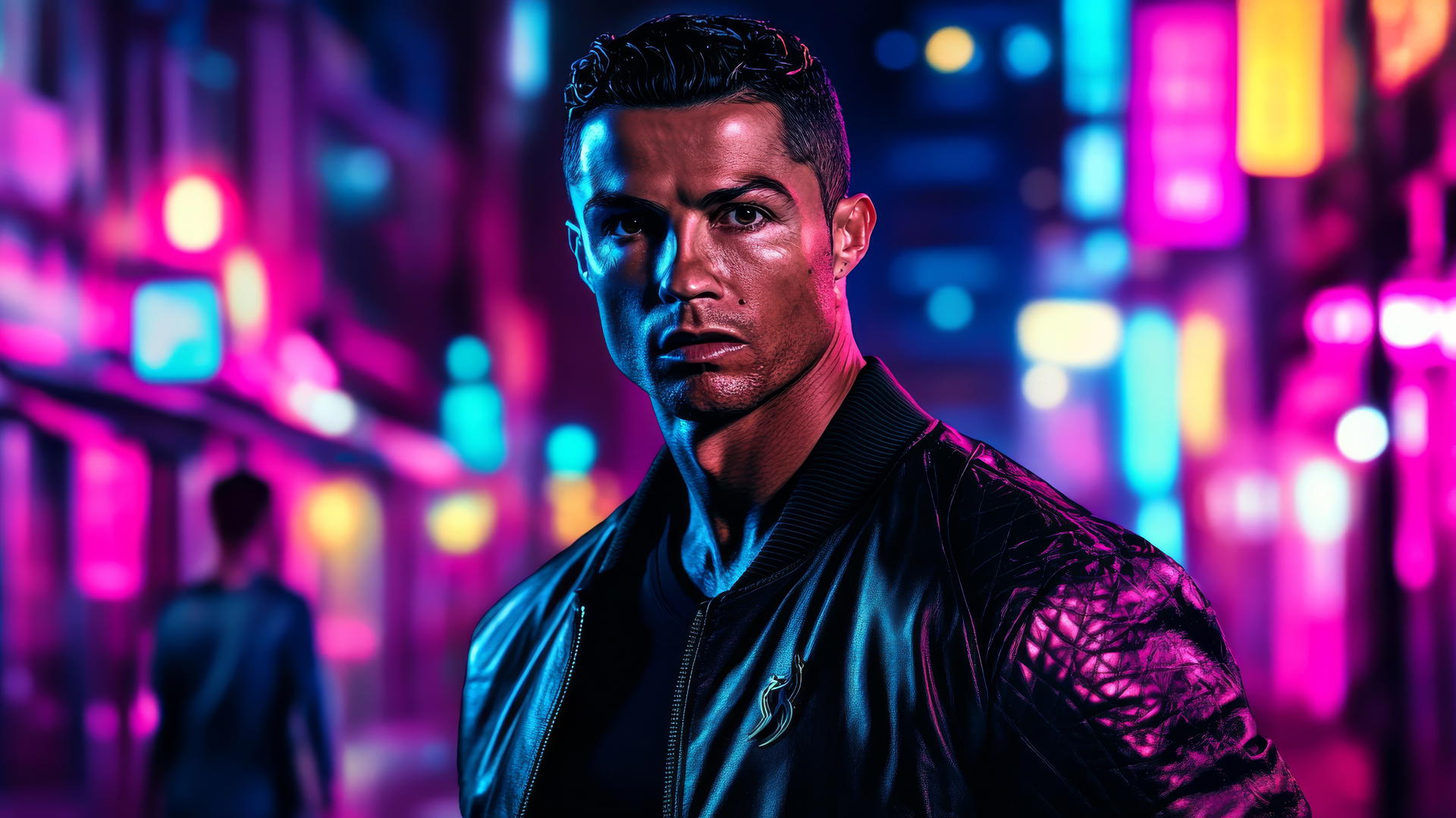 cool ronaldo wallpaper 4k showing Cristiano Ronaldo in a leather jacket in front of neon cityscape