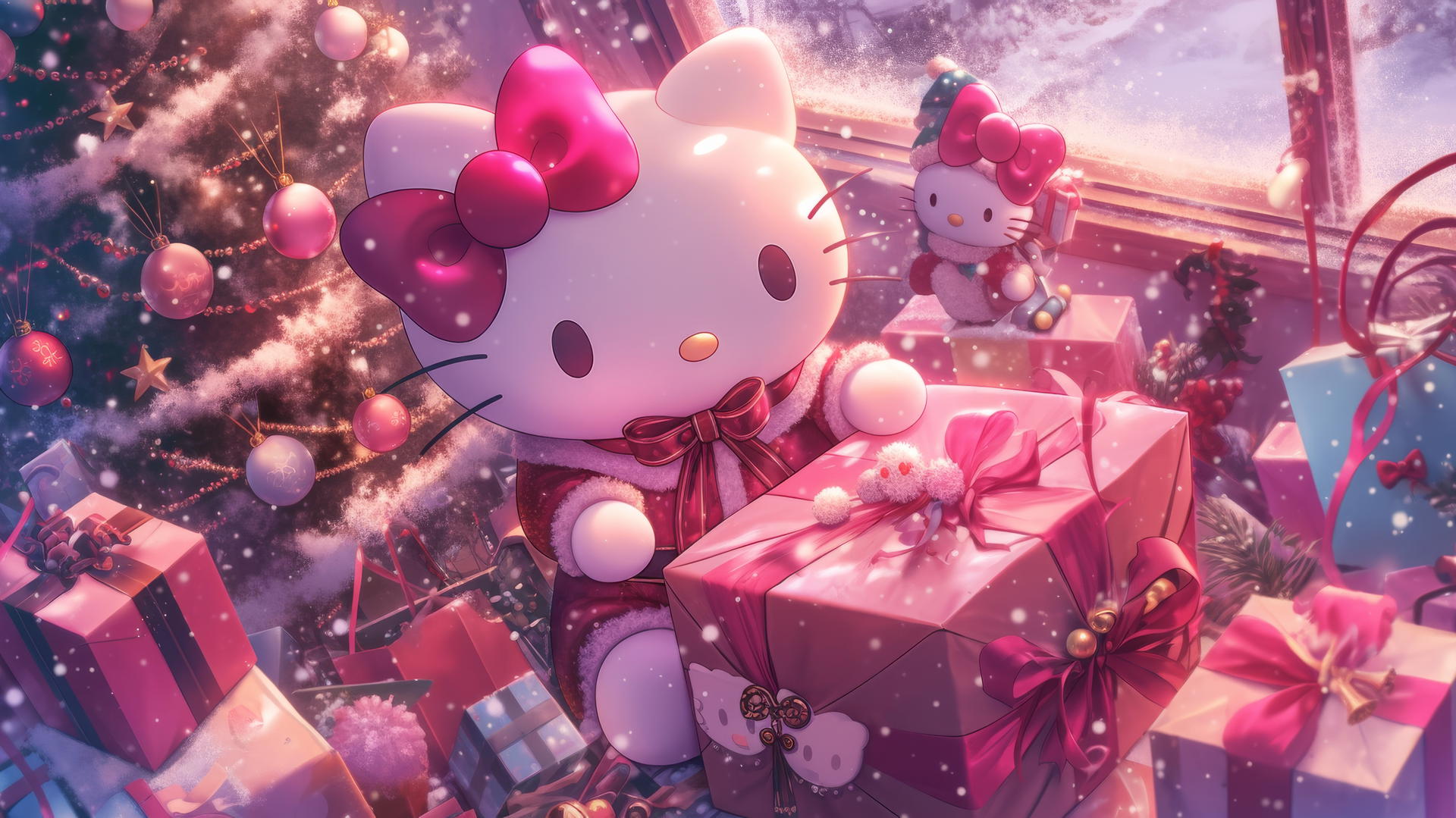 Hello Kitty Christmas wallpaper with Hello Kitty opening a pink gift, pink holiday decor, and glittering lights