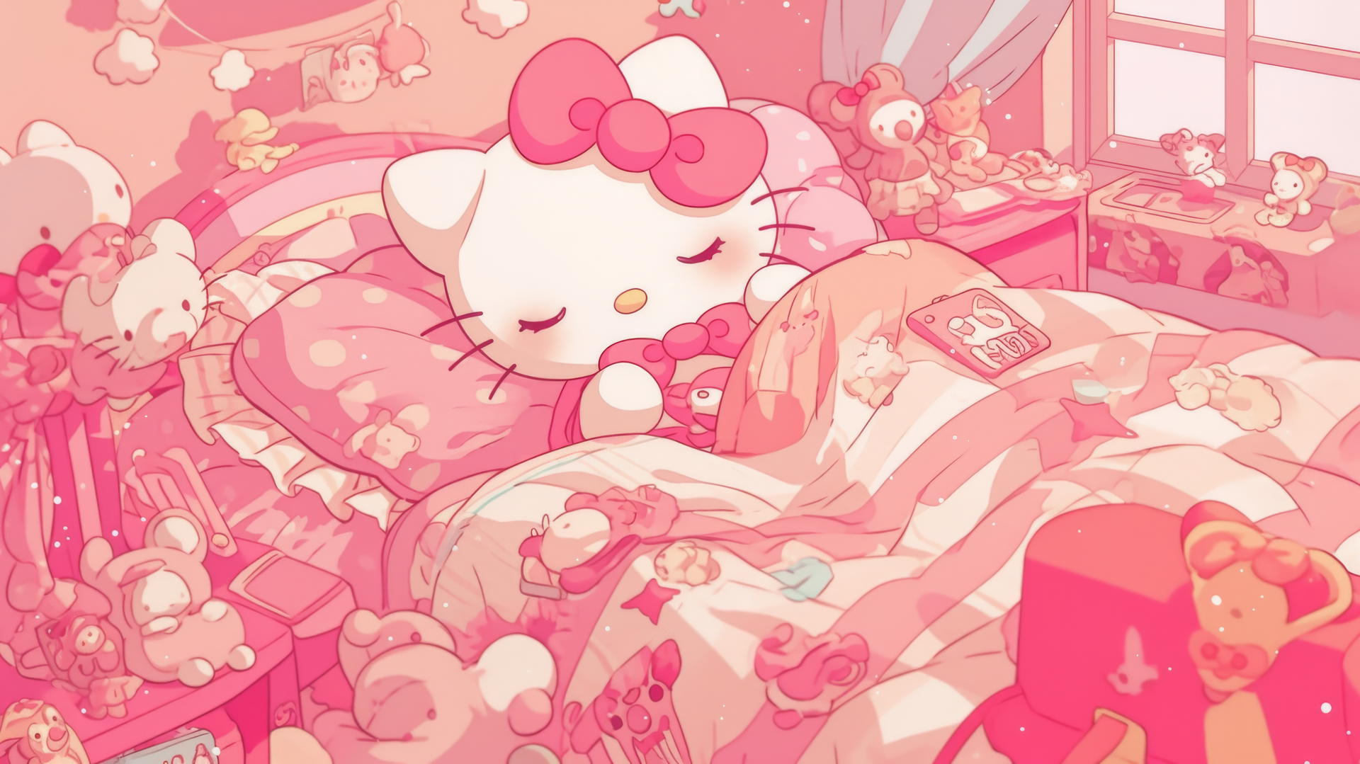pink Hello Kitty wallpaper in a cozy bedroom with plush pillows and teddy bear
