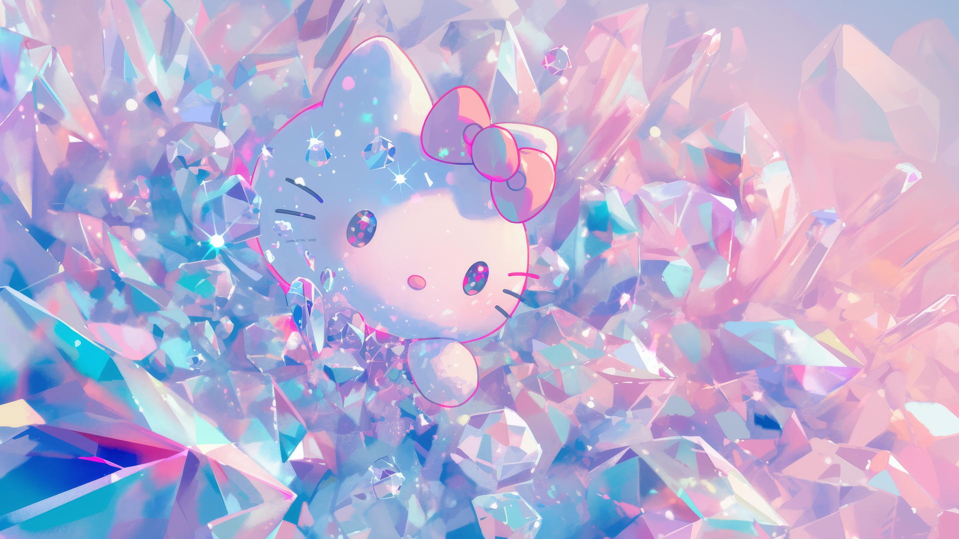 Y2K Hello Kitty wallpaper aesthetic with sparkling gemstones and iridescent textures