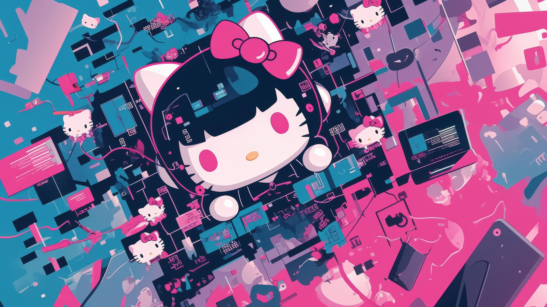 Y2K Hello Kitty wallpaper aesthetic with binary code and circuit boards