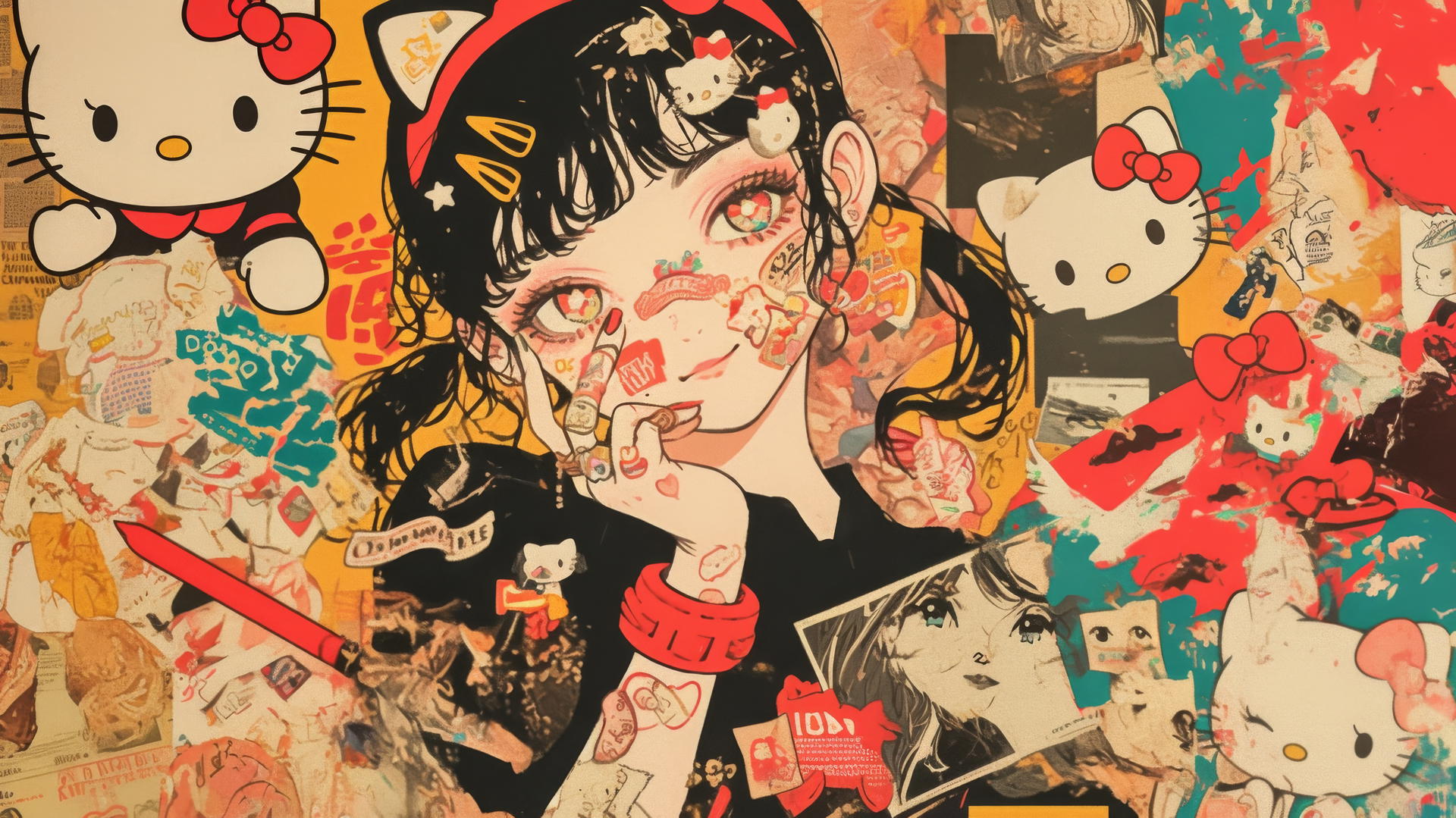 y2k hello kitty wallpaper aesthetic with magazine collage theme